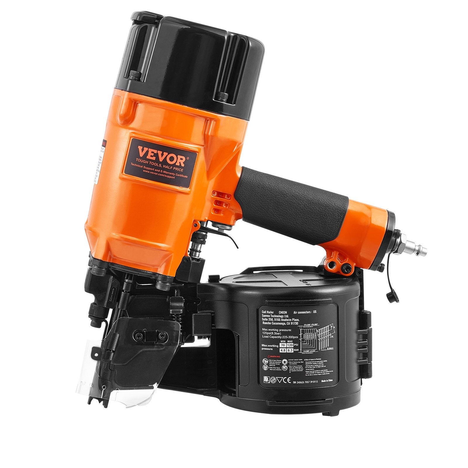 VEVOR CN83N Coil Siding Nailer 2" to 3-1/4" 15 Degree Pneumatic Nail Gun 