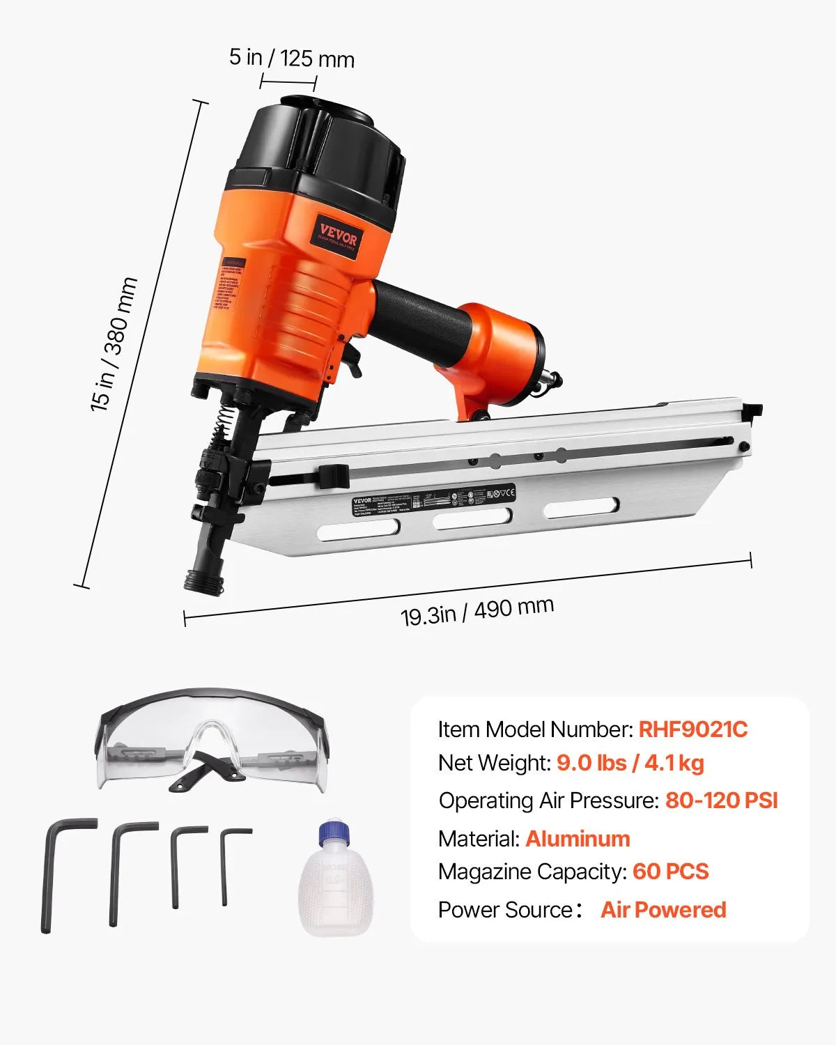 VEVOR Framing Nailer 2" to 3-1/2" 21° Full Round Head Pneumatic Framing Nail Gun