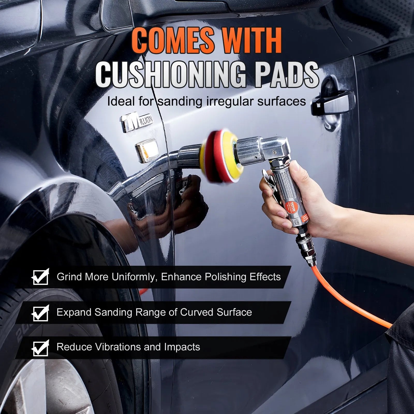 VEVOR Mini Air Sander, 1"/2"/3" Random Orbital Air Sander, 15000r/min Pneumatic Sander Polisher for Auto Body Work, 58PCS Air Powered Sander Kit with Wavy Sponges, Sandpapers, Wool Pad