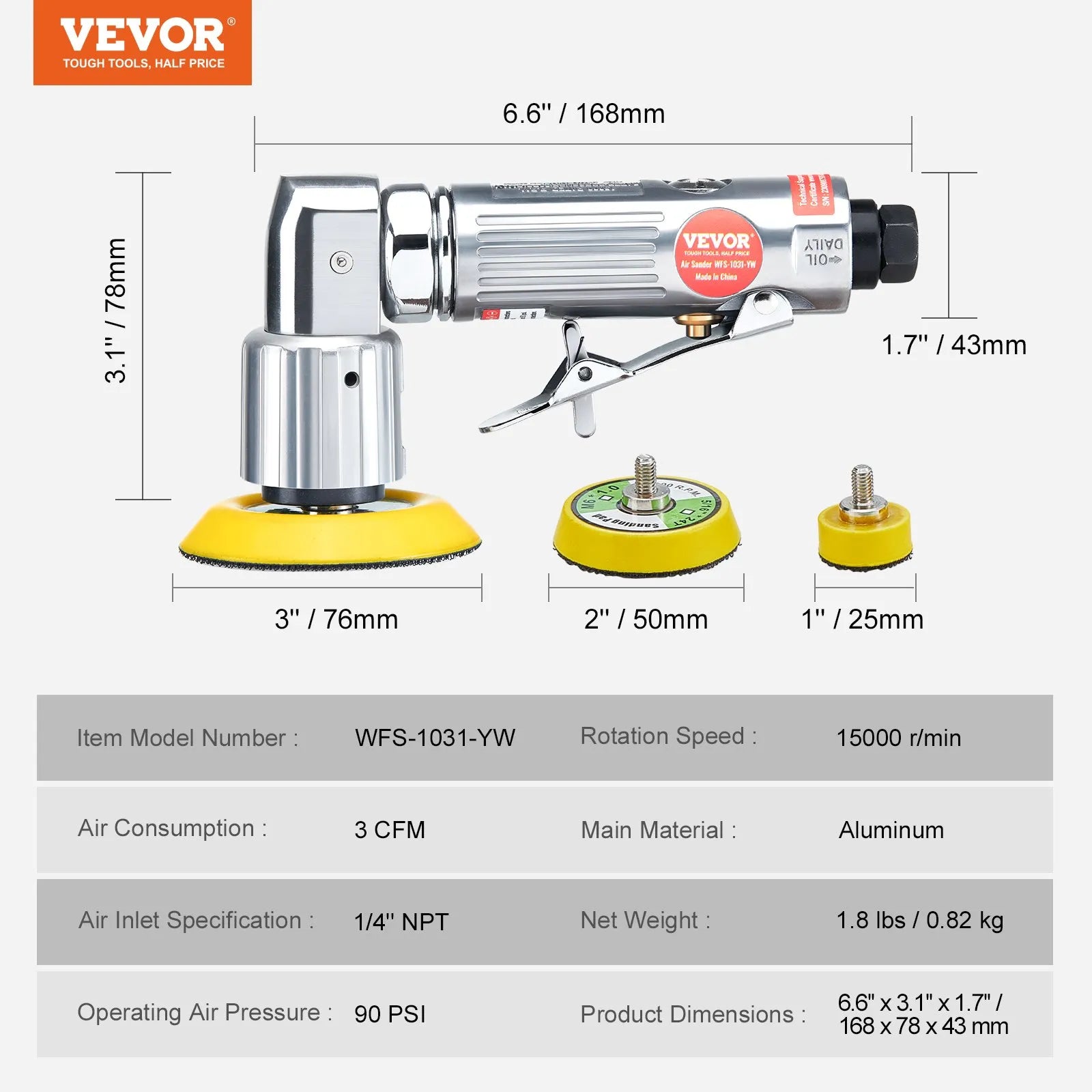 VEVOR Mini Air Sander, 1"/2"/3" Random Orbital Air Sander, 15000r/min Pneumatic Sander Polisher for Auto Body Work, 58PCS Air Powered Sander Kit with Wavy Sponges, Sandpapers, Wool Pad