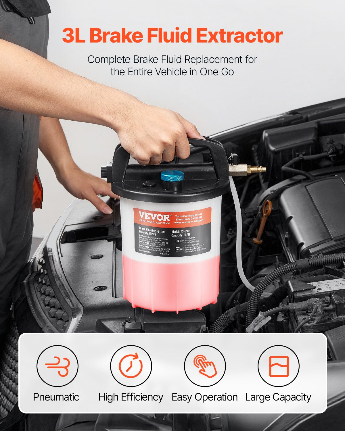 VEVOR 3L Brake Fluid Extractor Brake Bleeder Kit with 13 Hose Connectors 