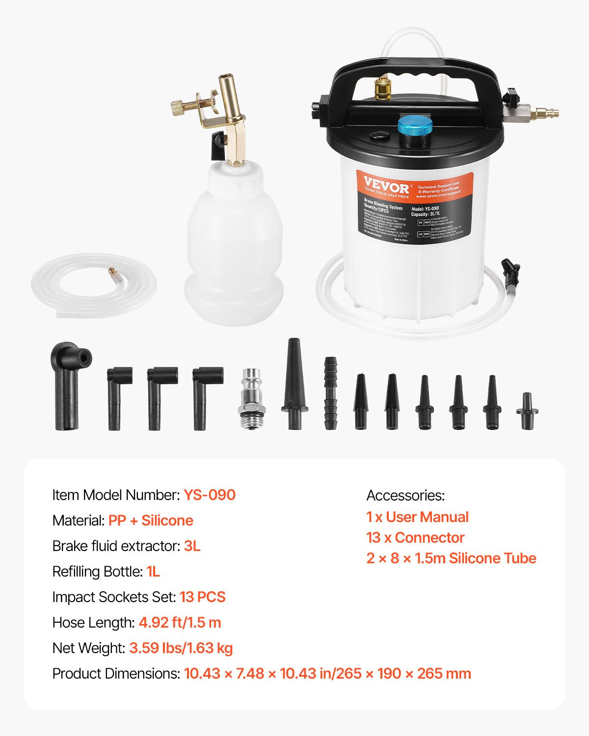VEVOR 3L Brake Fluid Extractor Brake Bleeder Kit with 13 Hose Connectors 