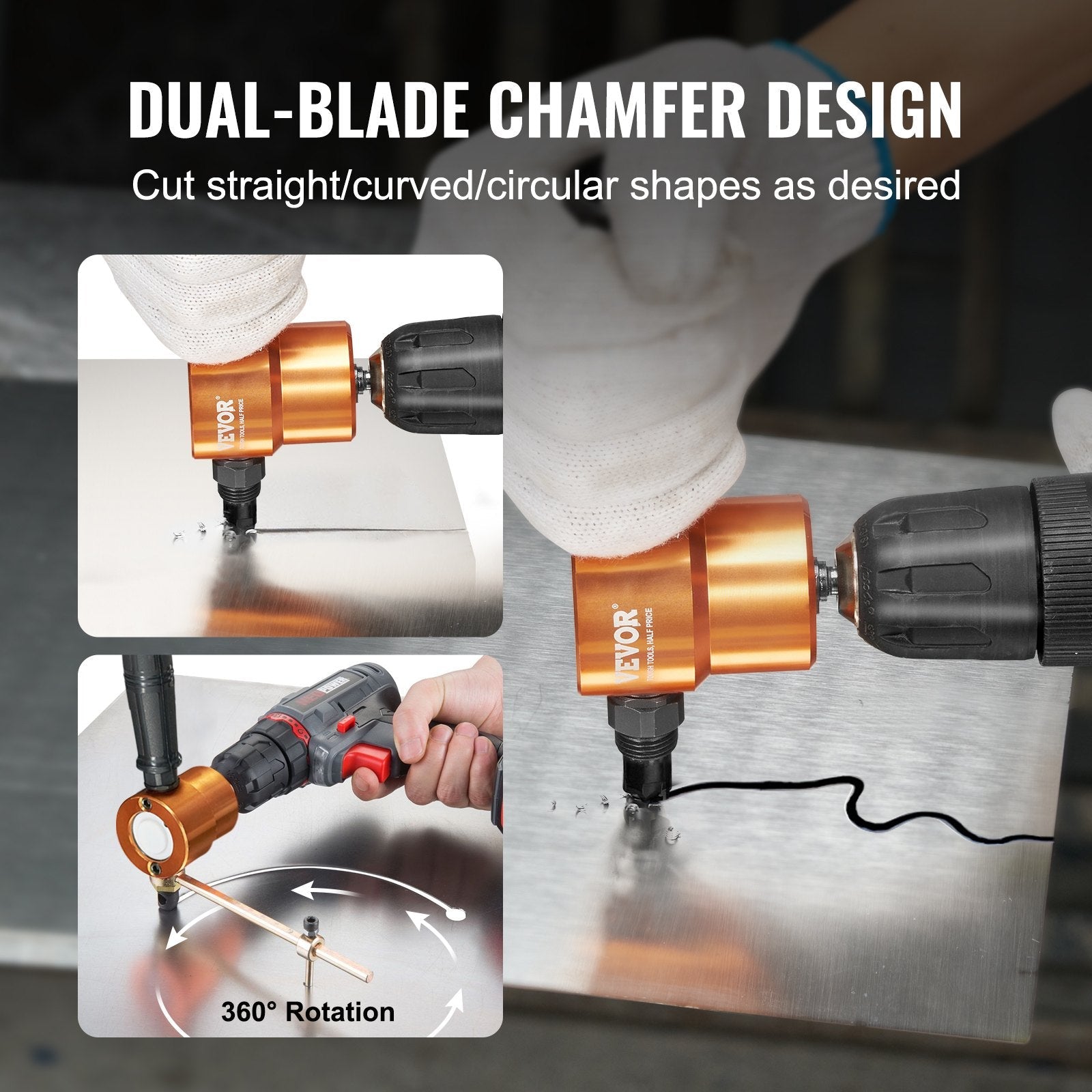 VEVOR Double Head Sheet Metal Nibbler Cutter, 360 Degree Metal Nibbler Drill Attachment with Extra Punch and Die, Cutting Hole Accessory and Step Drill Bit, for Straight Curve and Circle Cutting 