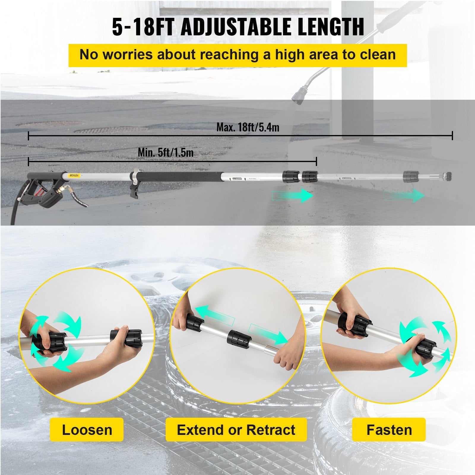 VEVOR Telescoping Pressure Washer Wand, 18ft Length Adjustable Power Washer Extension Wand, 4000PSI 9GPM Power Cleaning Tools w/ Strap Belt, 5 Nozzle Tips, 3/8'' & 1/4'' Quick Connectors, Silver/Black 