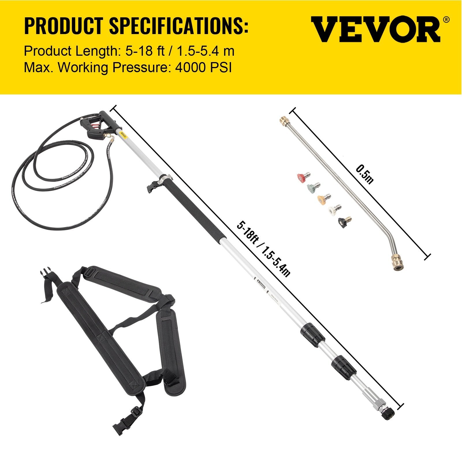 VEVOR Telescoping Pressure Washer Wand, 18ft Length Adjustable Power Washer Extension Wand, 4000PSI 9GPM Power Cleaning Tools w/ Strap Belt, 5 Nozzle Tips, 3/8'' & 1/4'' Quick Connectors, Silver/Black 