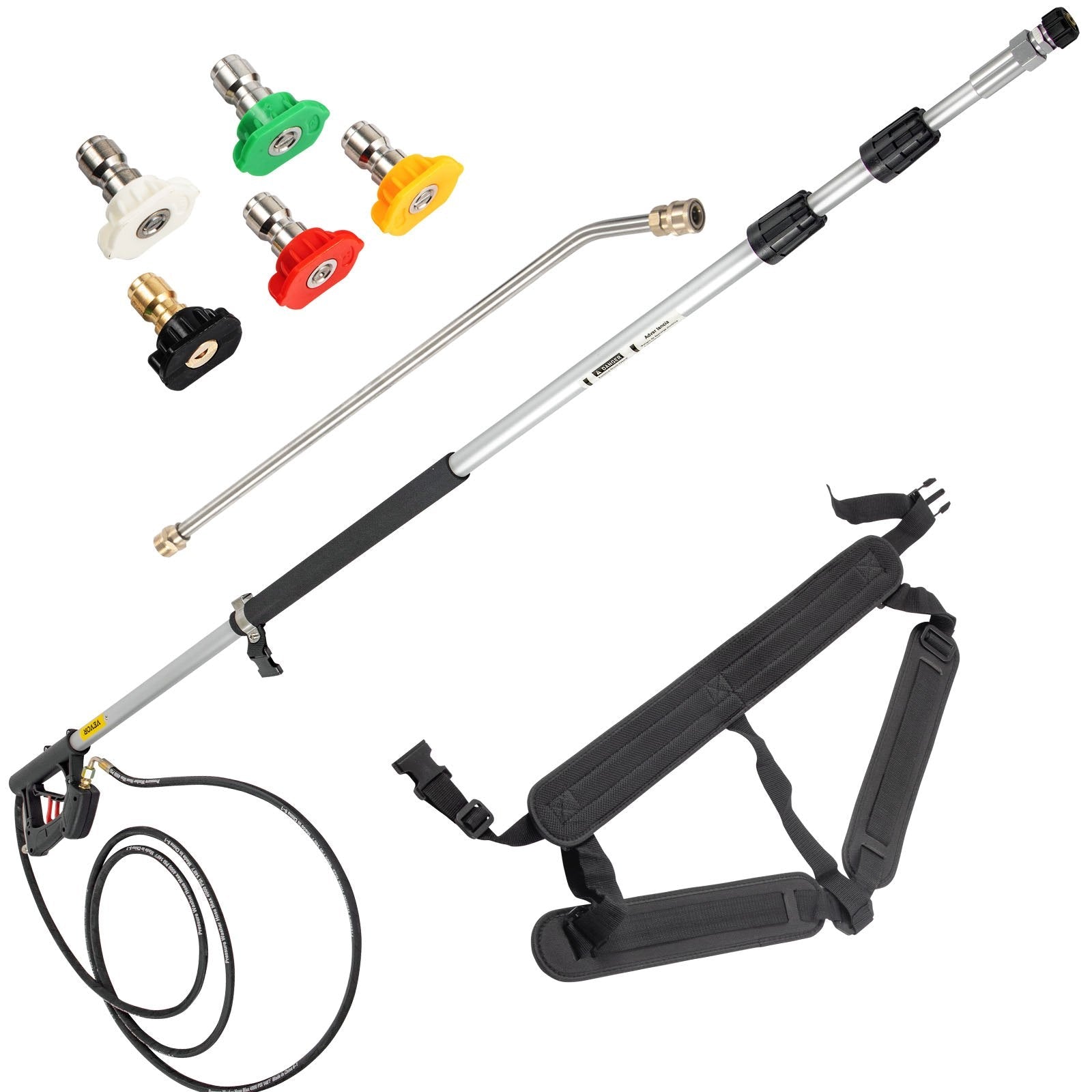 VEVOR Telescoping Pressure Washer Wand, 18ft Length Adjustable Power Washer Extension Wand, 4000PSI 9GPM Power Cleaning Tools w/ Strap Belt, 5 Nozzle Tips, 3/8'' & 1/4'' Quick Connectors, Silver/Black 