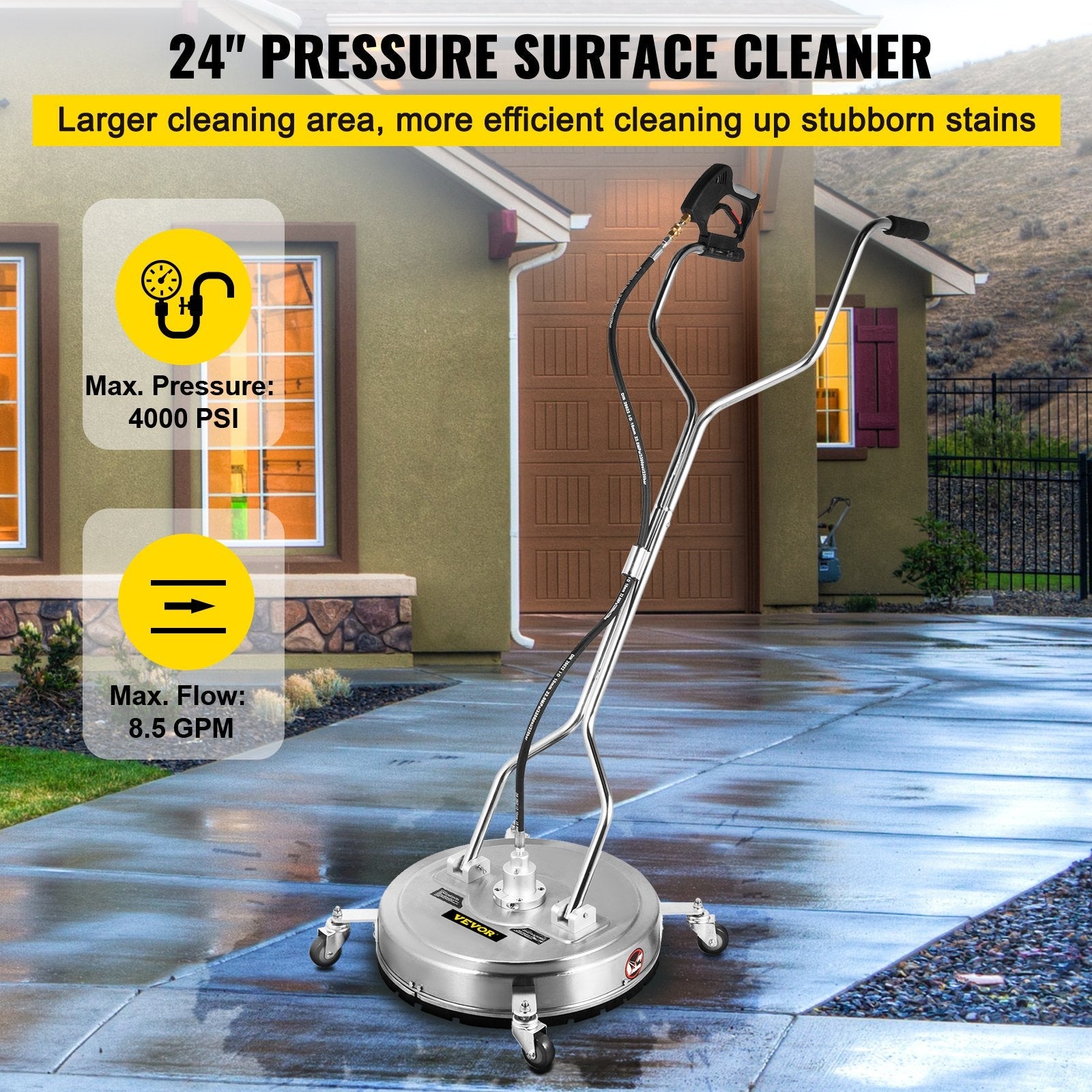 VEVOR Pressure Washer Surface Cleaner, 24'', Max. 4000 PSI Pressure by 2 Nozzles for Cleaning Driveways, Sidewalks, Stainless Steel Frame w/ Rotating Dual Handle, Wheels, Fit for 3/8'' Quick Connector 