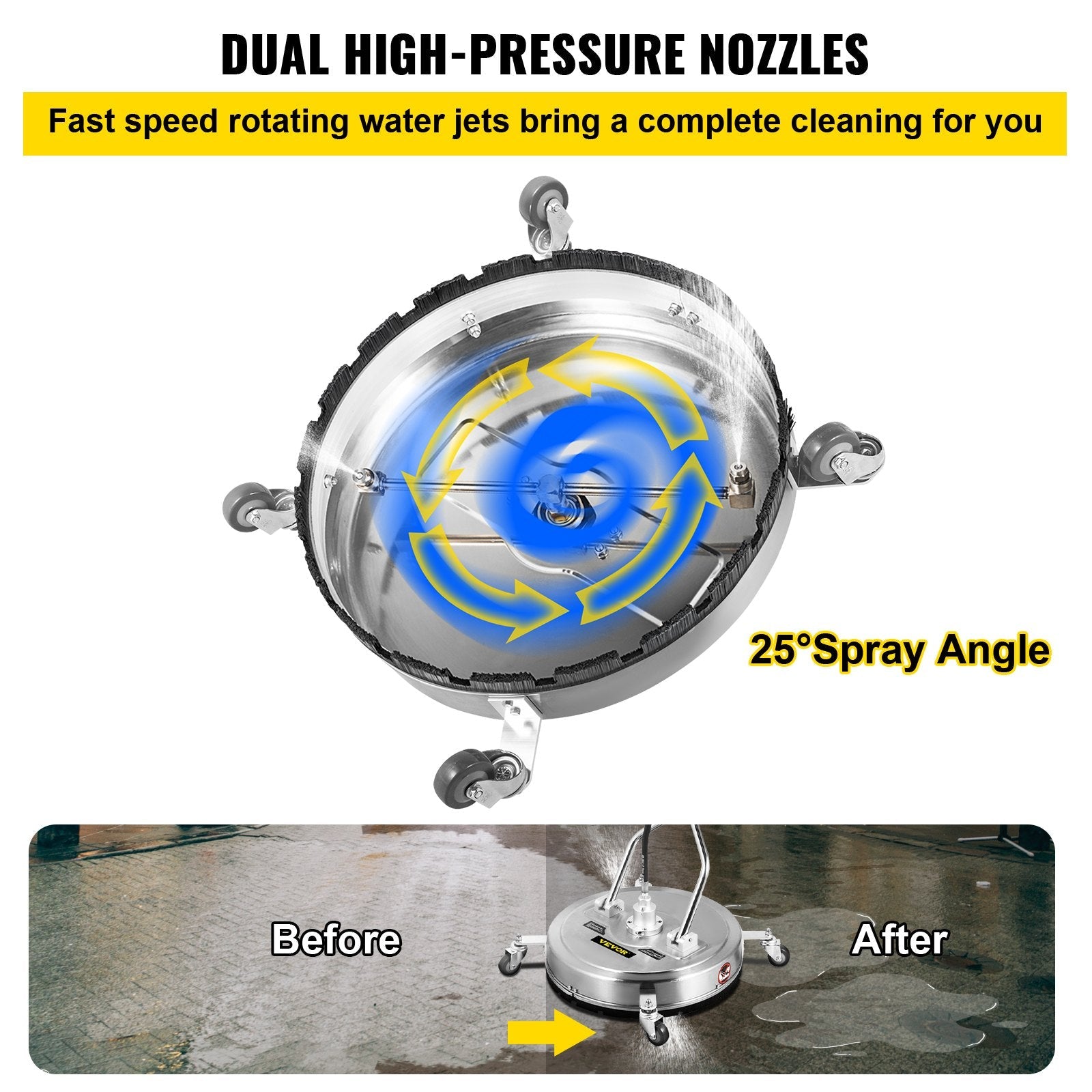 VEVOR Pressure Washer Surface Cleaner, 24'', Max. 4000 PSI Pressure by 2 Nozzles for Cleaning Driveways, Sidewalks, Stainless Steel Frame w/ Rotating Dual Handle, Wheels, Fit for 3/8'' Quick Connector 