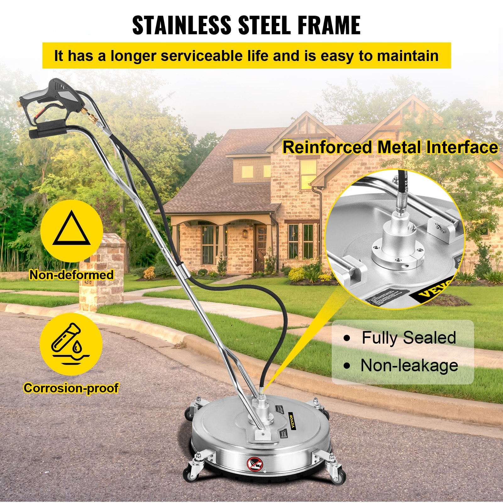 VEVOR Pressure Washer Surface Cleaner, 24'', Max. 4000 PSI Pressure by 2 Nozzles for Cleaning Driveways, Sidewalks, Stainless Steel Frame w/ Rotating Dual Handle, Wheels, Fit for 3/8'' Quick Connector 