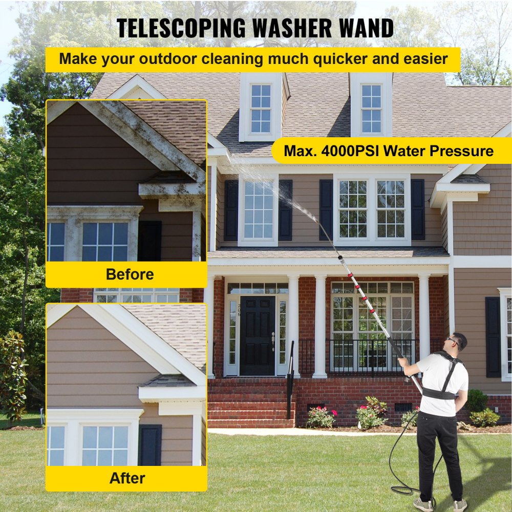 VEVOR Telescoping Pressure Washer Wand, 20 ft 5-Section Length Adjustable, Max. 4000 PSI Pressure, Fit for 3/8'' Quick Connection w/ Extension Wand, 5 Spray Nozzles, Belt, for Roof, Fence, Gutter 