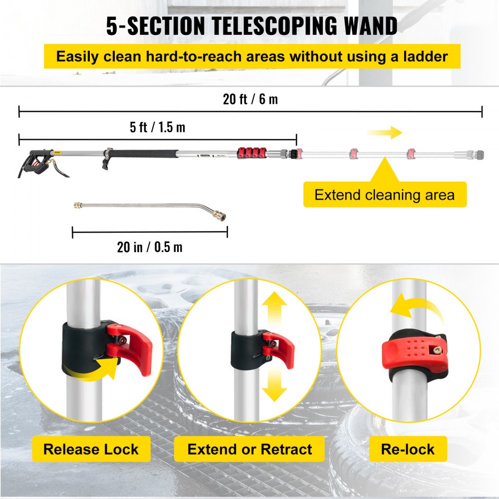 VEVOR Telescoping Pressure Washer Wand, 20 ft 5-Section Length Adjustable, Max. 4000 PSI Pressure, Fit for 3/8'' Quick Connection w/ Extension Wand, 5 Spray Nozzles, Belt, for Roof, Fence, Gutter 