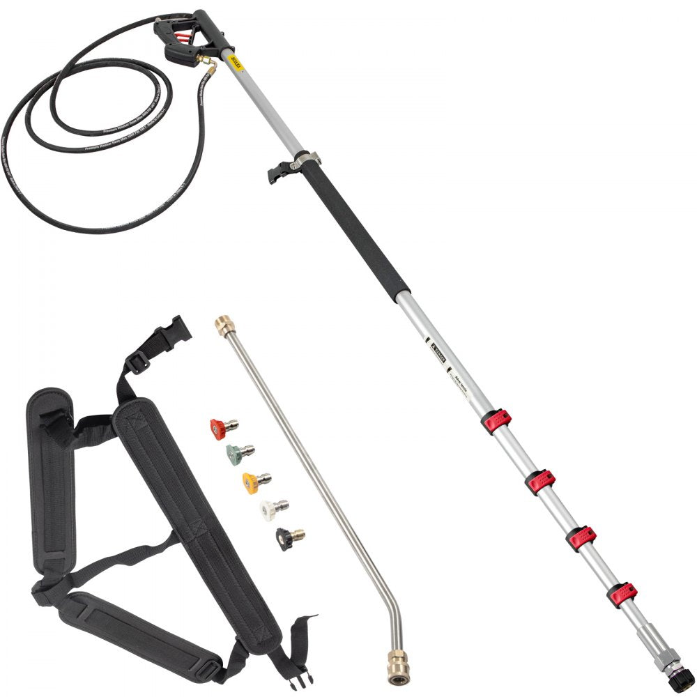 VEVOR Telescoping Pressure Washer Wand, 20 ft 5-Section Length Adjustable, Max. 4000 PSI Pressure, Fit for 3/8'' Quick Connection w/ Extension Wand, 5 Spray Nozzles, Belt, for Roof, Fence, Gutter 