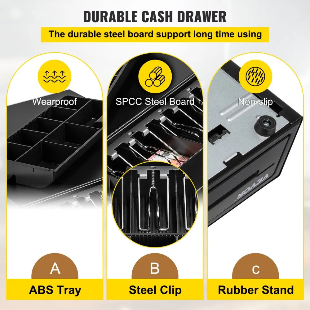 VEVOR Cash Register Drawer, 16" 12 V, for POS System with 5 Bill 8 Coin Cash Tray, Removable Coin Compartment & 2 Keys Included, RJ11/RJ12 Cable for Supermarket, Bar, Coffee Shop, Restaurant