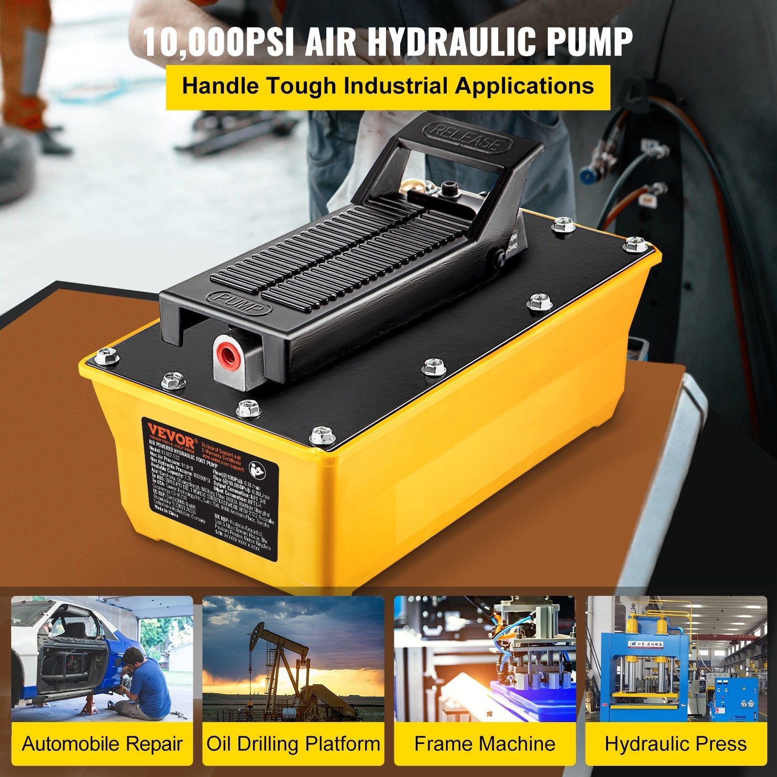 VEVOR Air Hydraulic Pump, 10,000 PSI Hydraulic Foot Pump, 1/2 Gal Reservoir Foot Operated Air/Hydraulic Pump, with Hose and Spray Gun for Heavy Machinery Rigging, Auto Repair, Auto Body Frame Machines 
