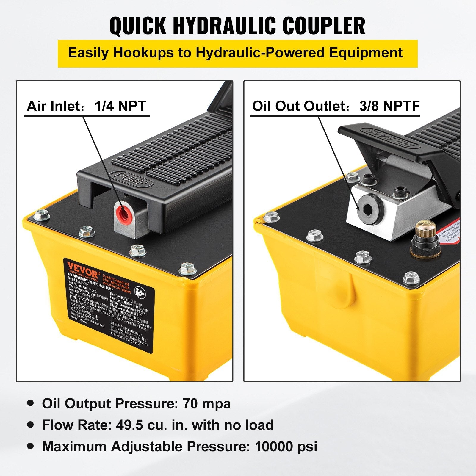 VEVOR Air Hydraulic Pump, 10,000 PSI Hydraulic Foot Pump, 1/2 Gal Reservoir Foot Operated Air/Hydraulic Pump, with Hose and Spray Gun for Heavy Machinery Rigging, Auto Repair, Auto Body Frame Machines 