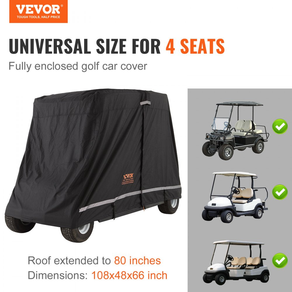 VEVOR 4 Passenger Golf Cart Cover, 600D Polyester Full Cover, Universal Fits for Most Brand Club Car Covers, Waterproof, Sunproof, and Dustproof Outdoor Golf Cart Cover with Three Zipper Doors, Black 