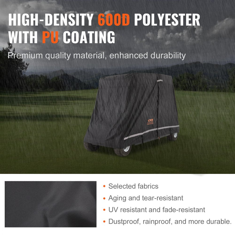 VEVOR 4 Passenger Golf Cart Cover, 600D Polyester Full Cover, Universal Fits for Most Brand Club Car Covers, Waterproof, Sunproof, and Dustproof Outdoor Golf Cart Cover with Three Zipper Doors, Black 