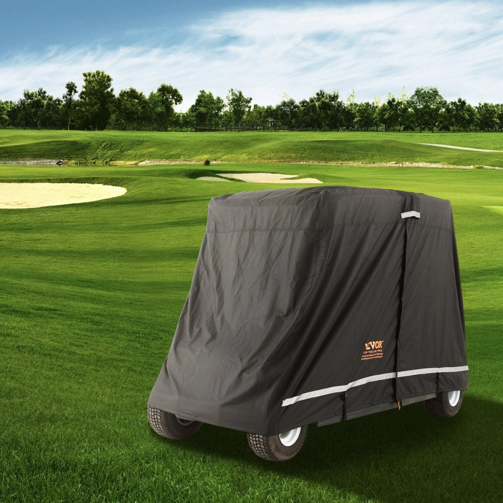 VEVOR 4 Passenger Golf Cart Cover, 600D Polyester Full Cover, Universal Fits for Most Brand Club Car Covers, Waterproof, Sunproof, and Dustproof Outdoor Golf Cart Cover with Three Zipper Doors, Black 