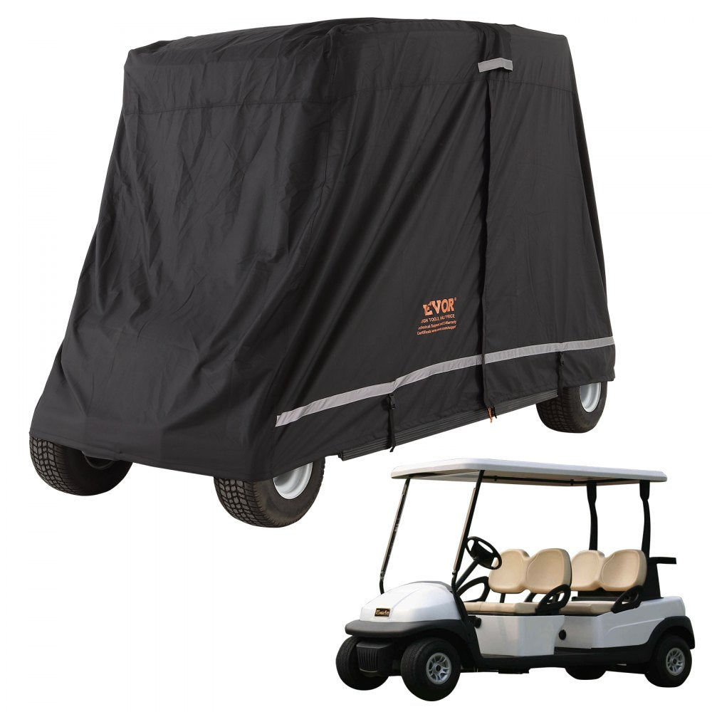 VEVOR 4 Passenger Golf Cart Cover, 600D Polyester Full Cover, Universal Fits for Most Brand Club Car Covers, Waterproof, Sunproof, and Dustproof Outdoor Golf Cart Cover with Three Zipper Doors, Black 