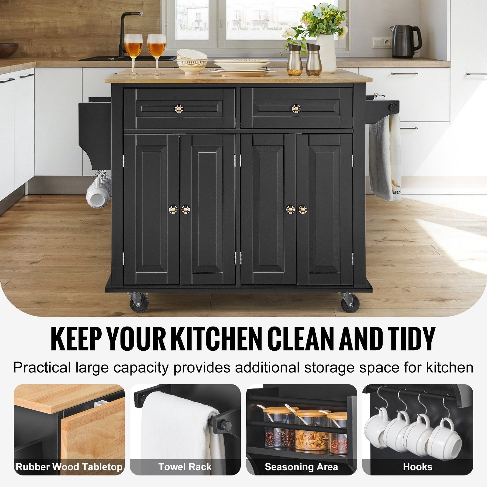 VEVOR Kitchen Island Cart Rolling Storage Cabinet on Wheel with Drawer & Shelves 