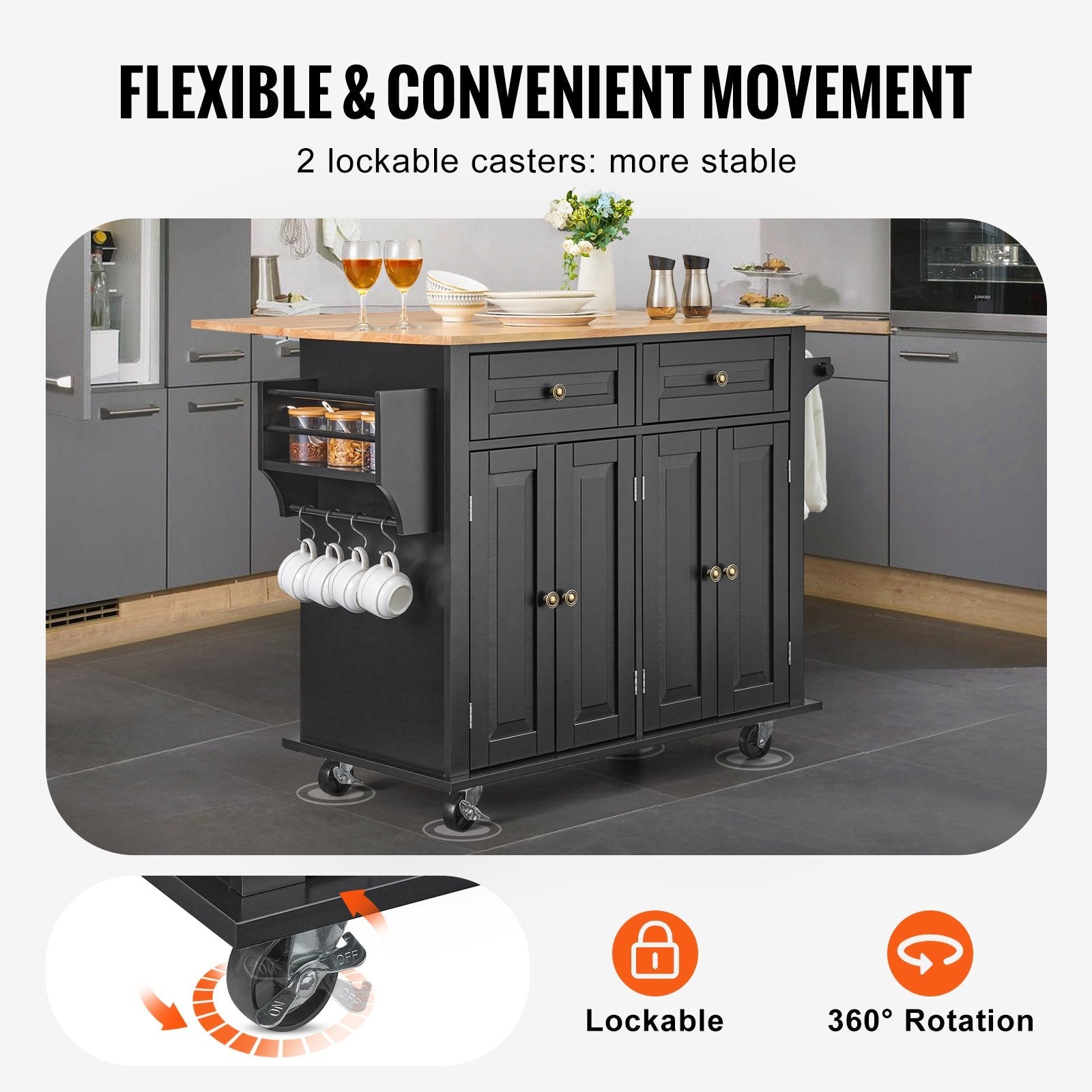VEVOR Kitchen Island Cart Rolling Storage Cabinet on Wheel with Drawer & Shelves 
