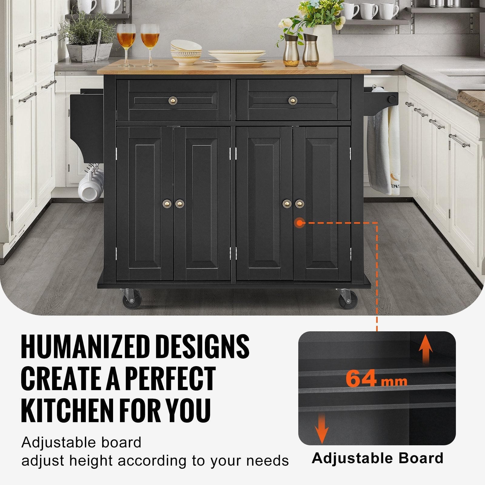 VEVOR Kitchen Island Cart Rolling Storage Cabinet on Wheel with Drawer & Shelves 