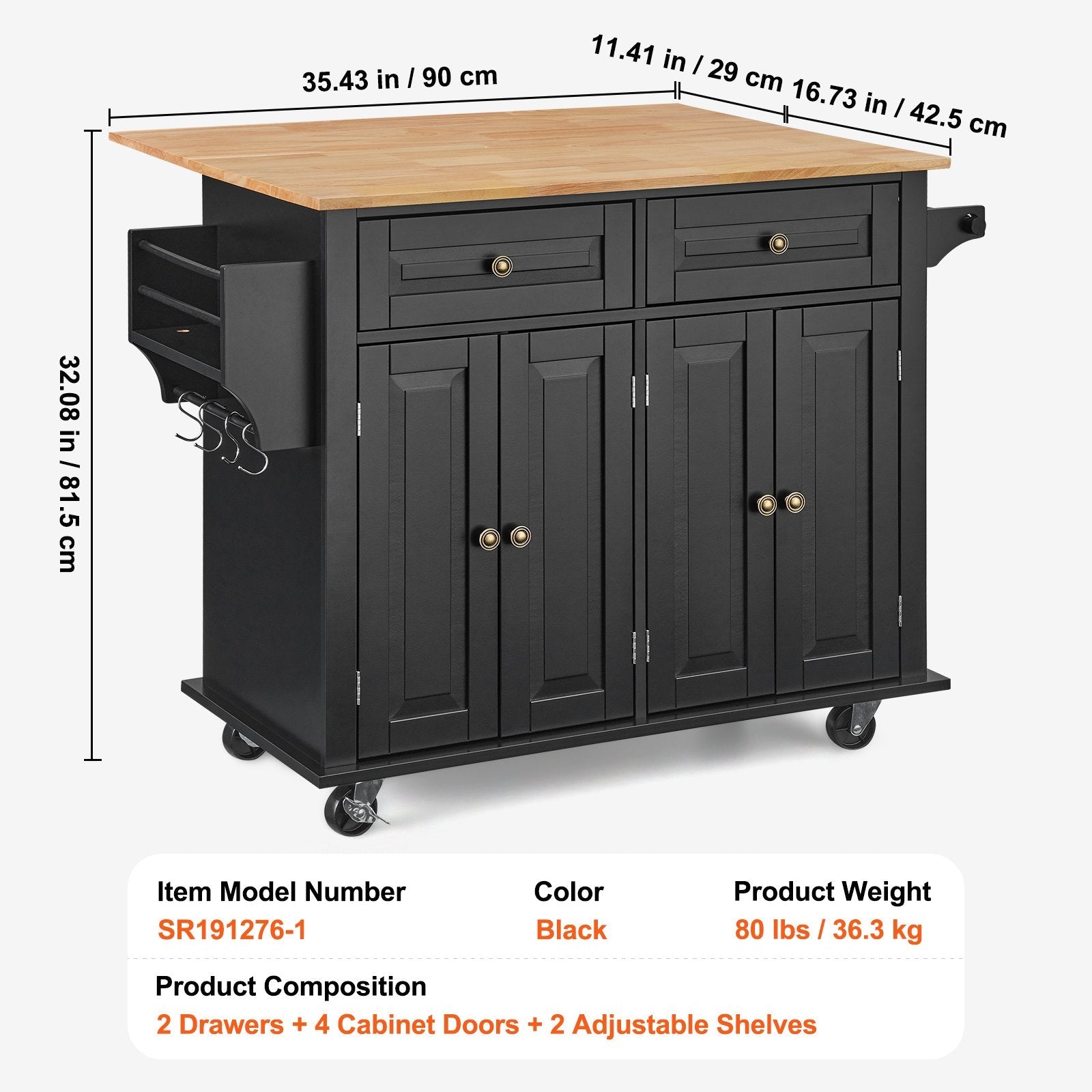 VEVOR Kitchen Island Cart Rolling Storage Cabinet on Wheel with Drawer & Shelves 