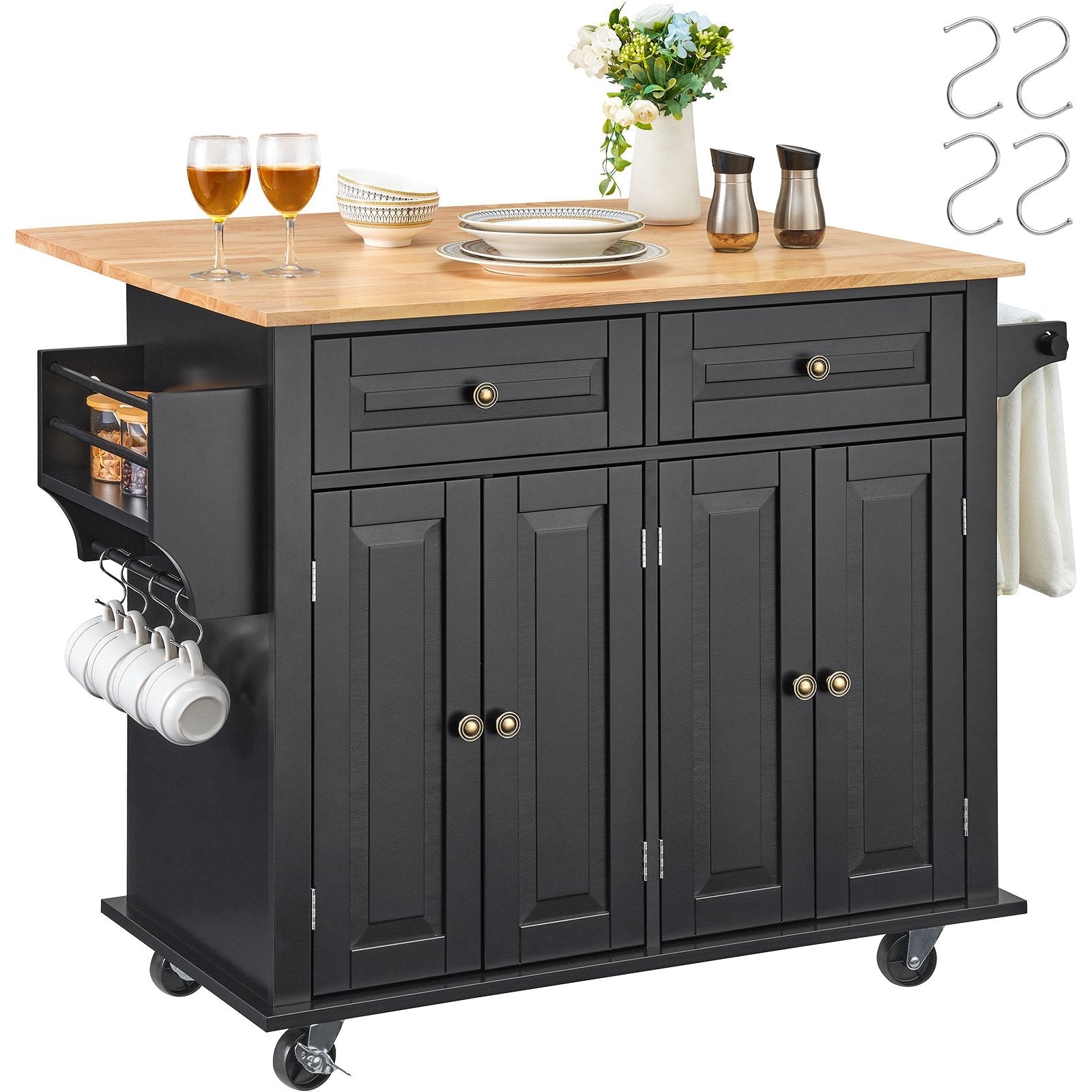 VEVOR Kitchen Island Cart Rolling Storage Cabinet on Wheel with Drawer & Shelves 