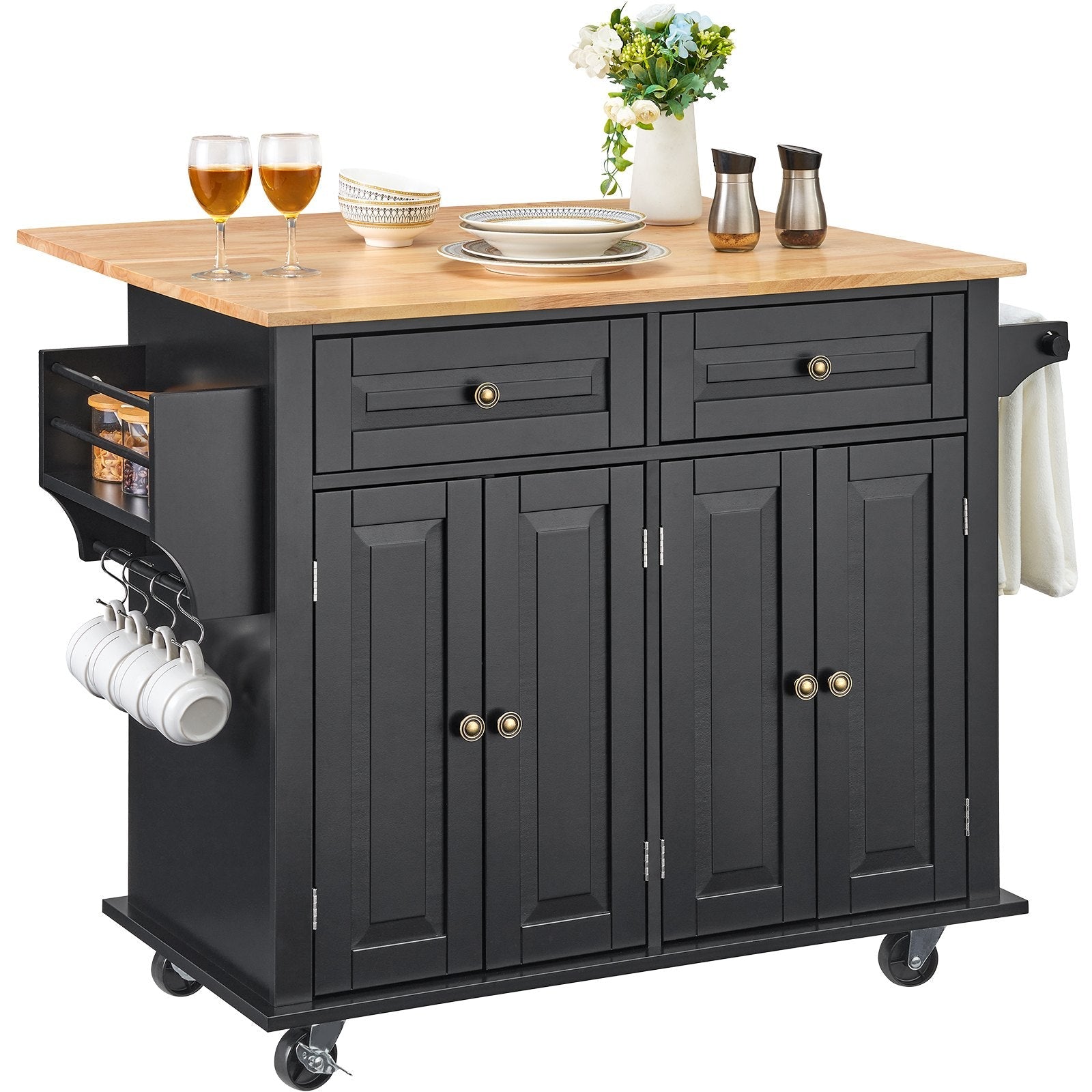 VEVOR Kitchen Island Cart Rolling Storage Cabinet on Wheel with Drawer & Shelves 
