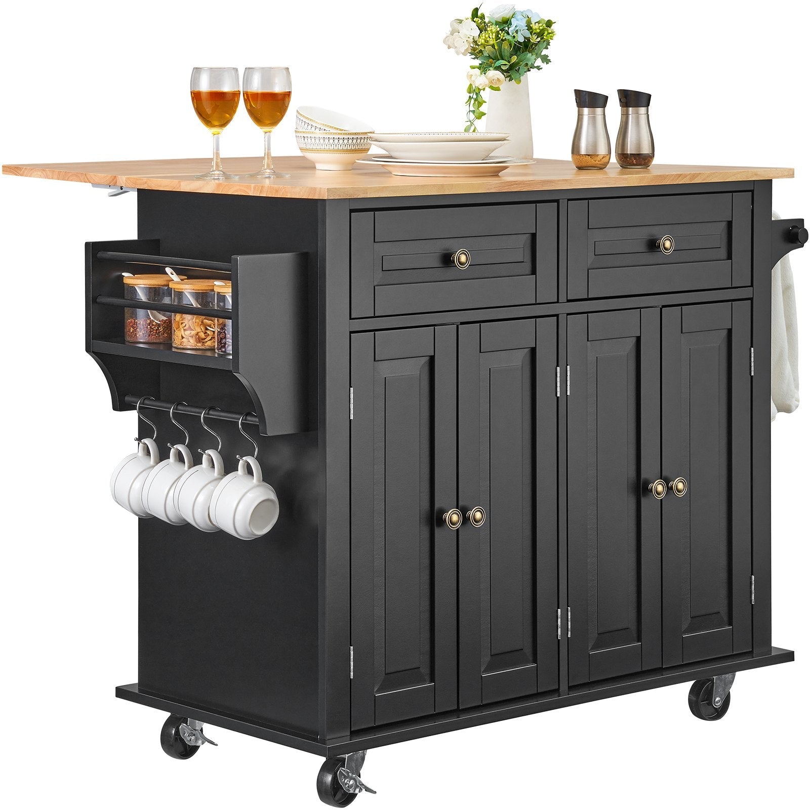 VEVOR Kitchen Island Cart Rolling Storage Cabinet on Wheel with Drawer & Shelves 