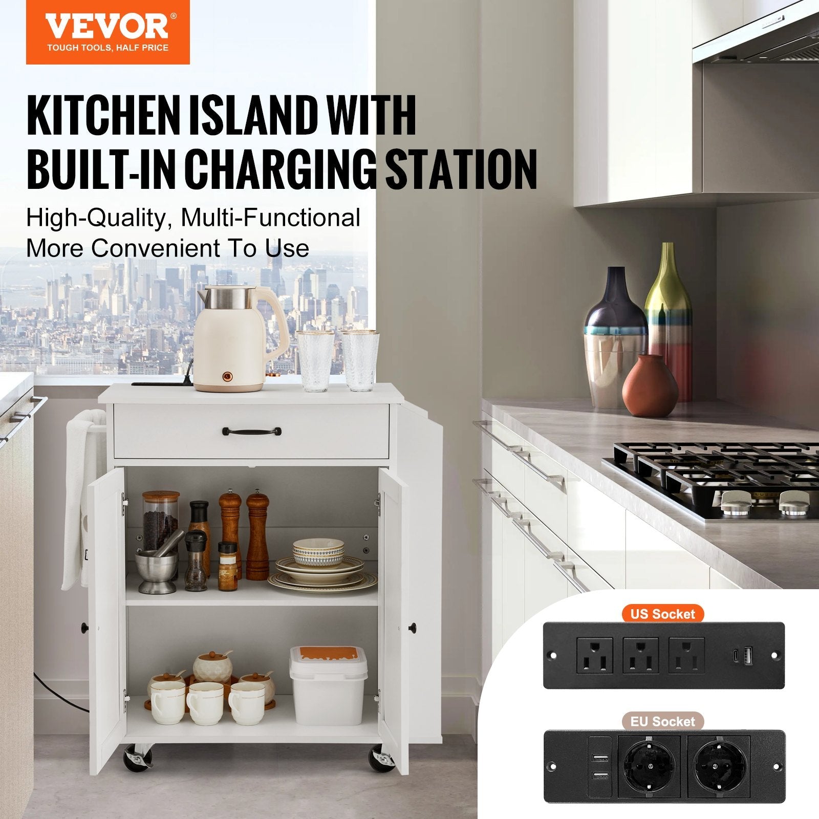 VEVOR Kitchen Island Cart Rolling Storage Cabinet on Wheel with Charging Station 