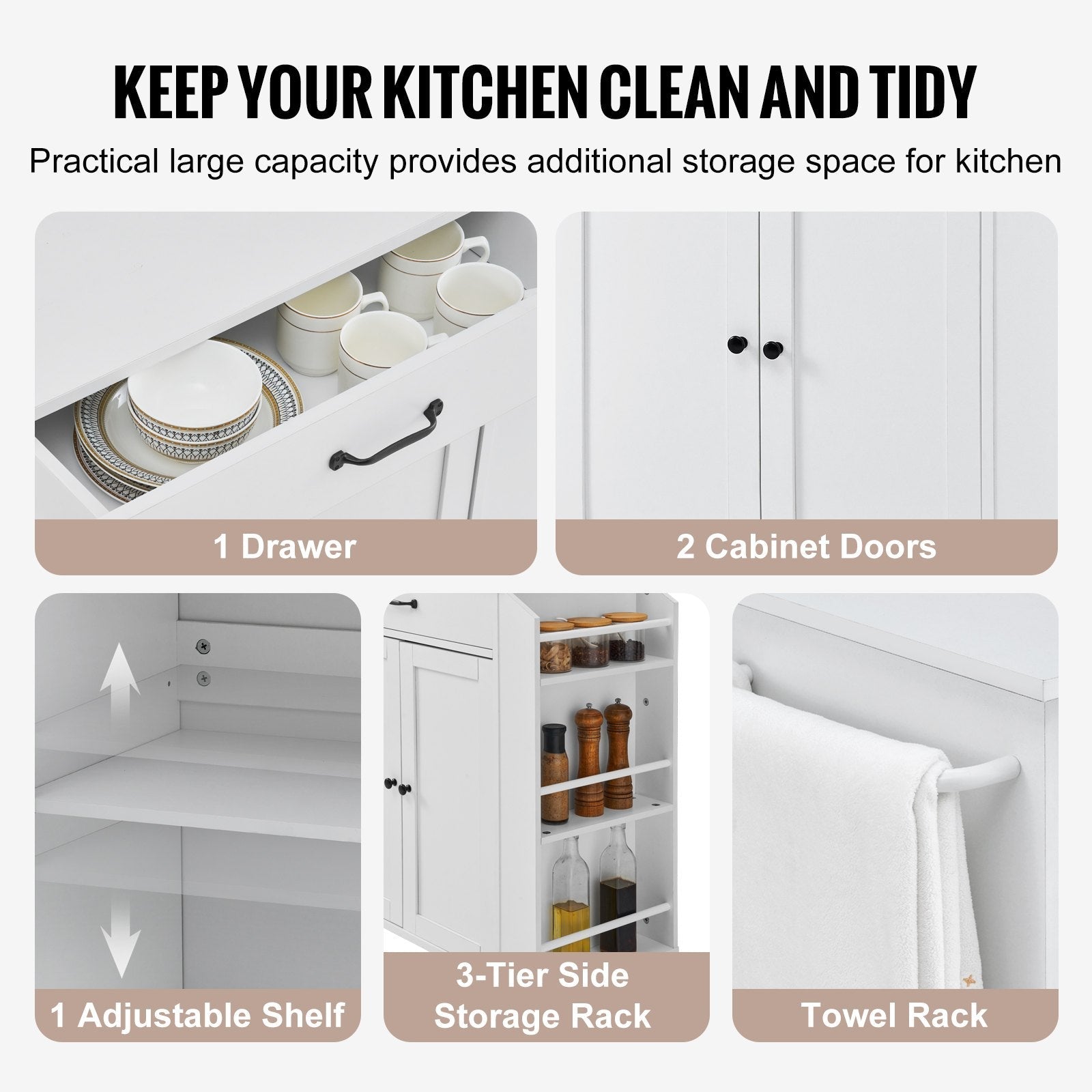 VEVOR Kitchen Island Cart Rolling Storage Cabinet on Wheel with Charging Station 