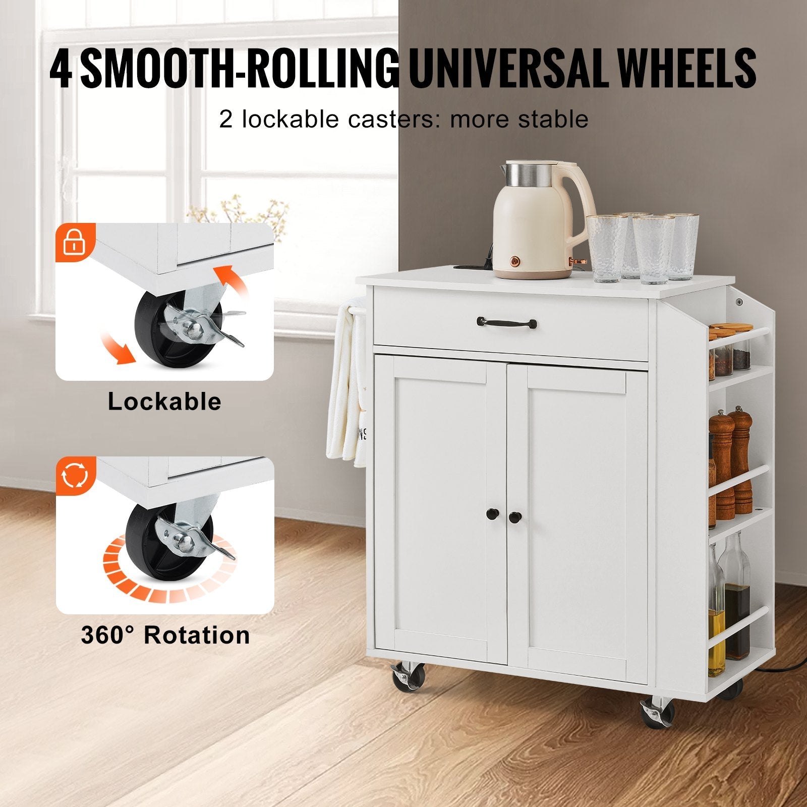 VEVOR Kitchen Island Cart Rolling Storage Cabinet on Wheel with Charging Station 