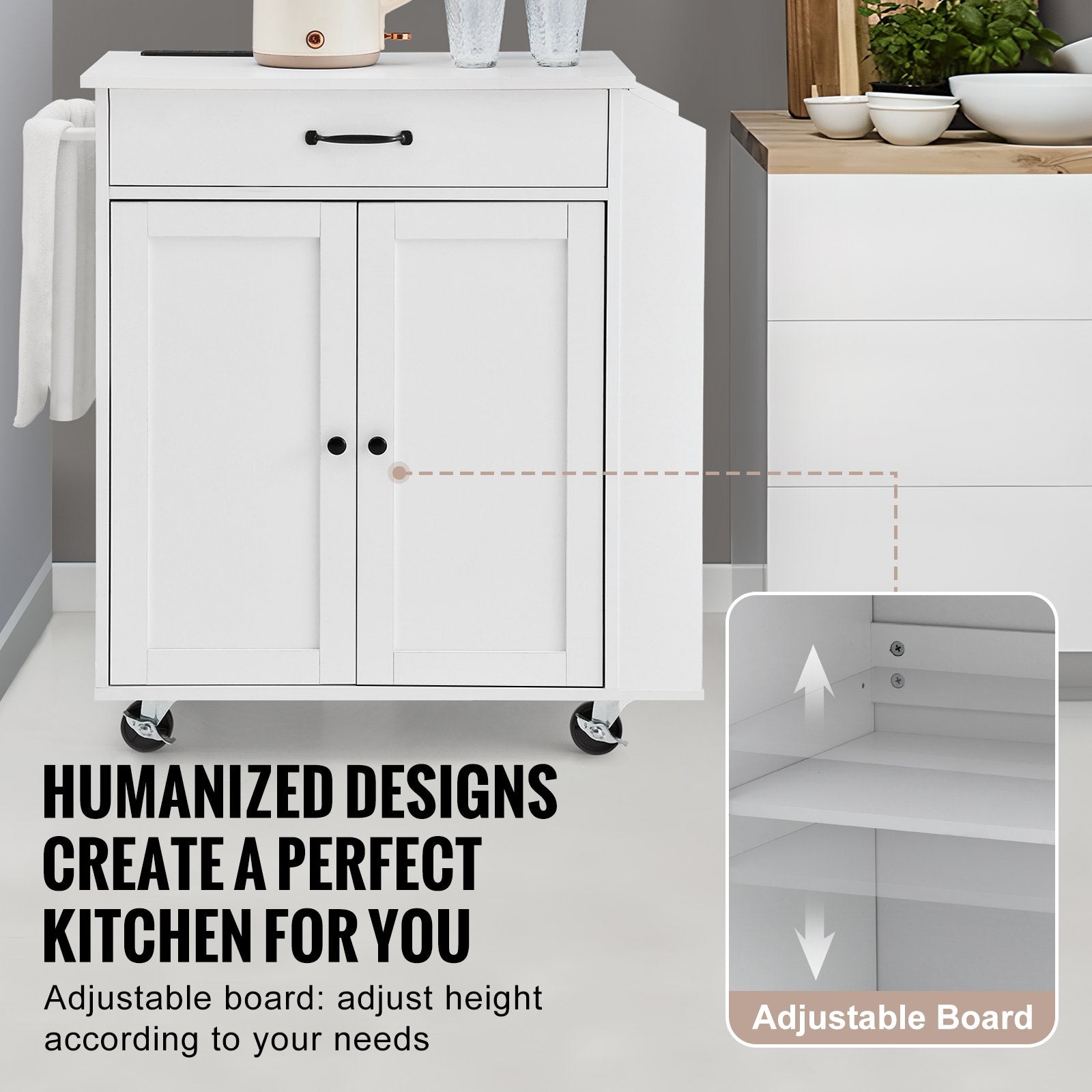 VEVOR Kitchen Island Cart Rolling Storage Cabinet on Wheel with Charging Station 