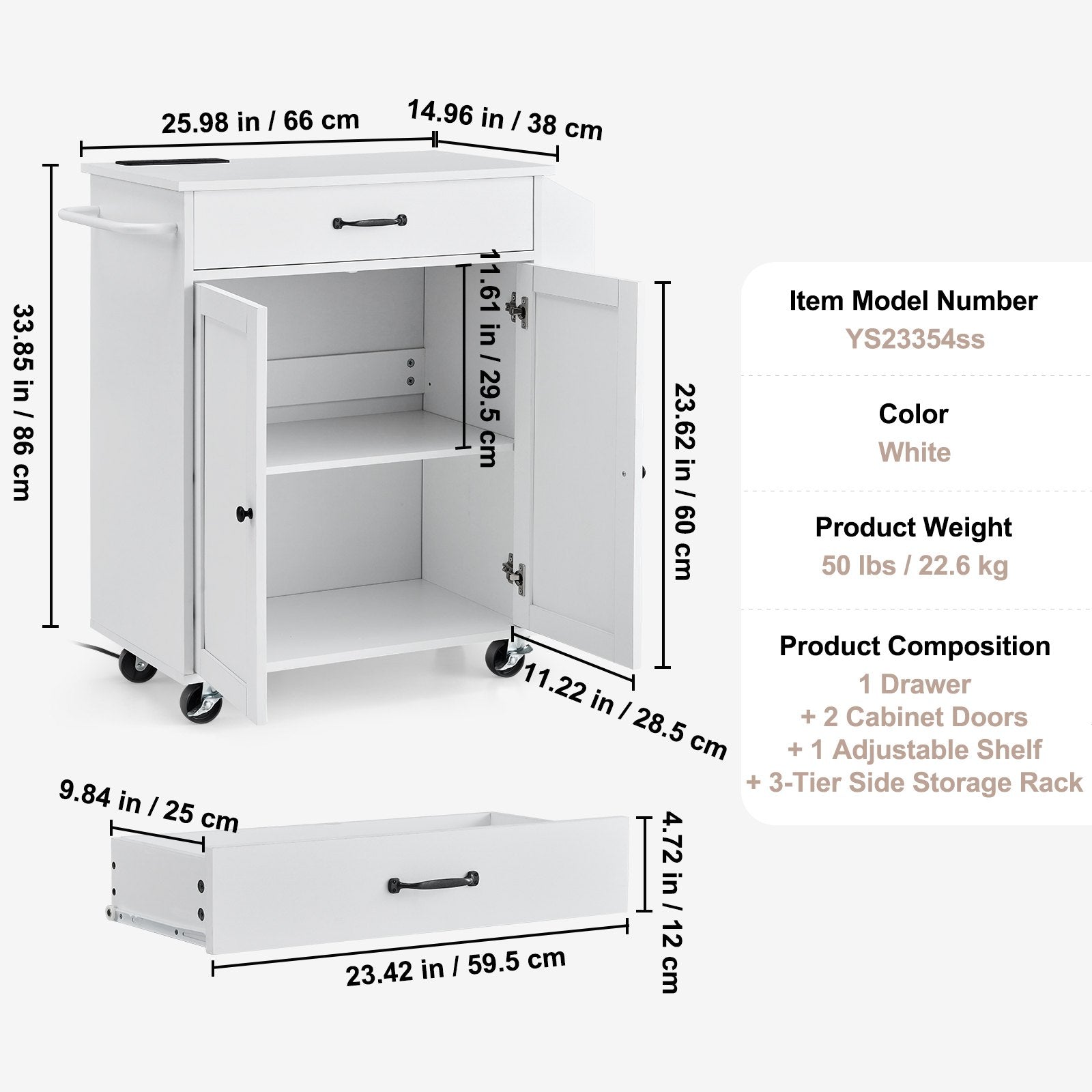 VEVOR Kitchen Island Cart Rolling Storage Cabinet on Wheel with Charging Station 