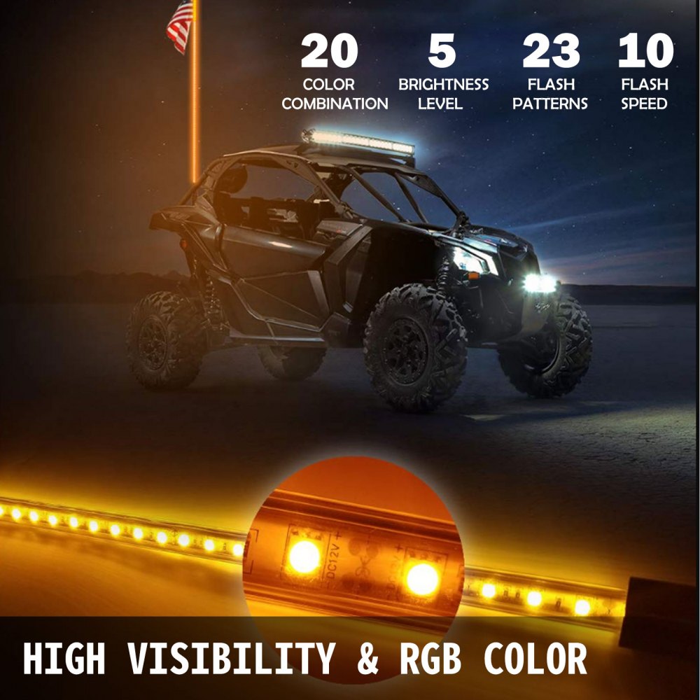 VEVOR 1PC 3FT LED Whip Lights RGB Color Lighted Whips for UTV ATV 20 Colors,5 Levels,23 Modes,10 Speed Options,Weatherproof,Off-Road Whip RF Wireless Remote for UTV ATV Polaris Accessories RZR 