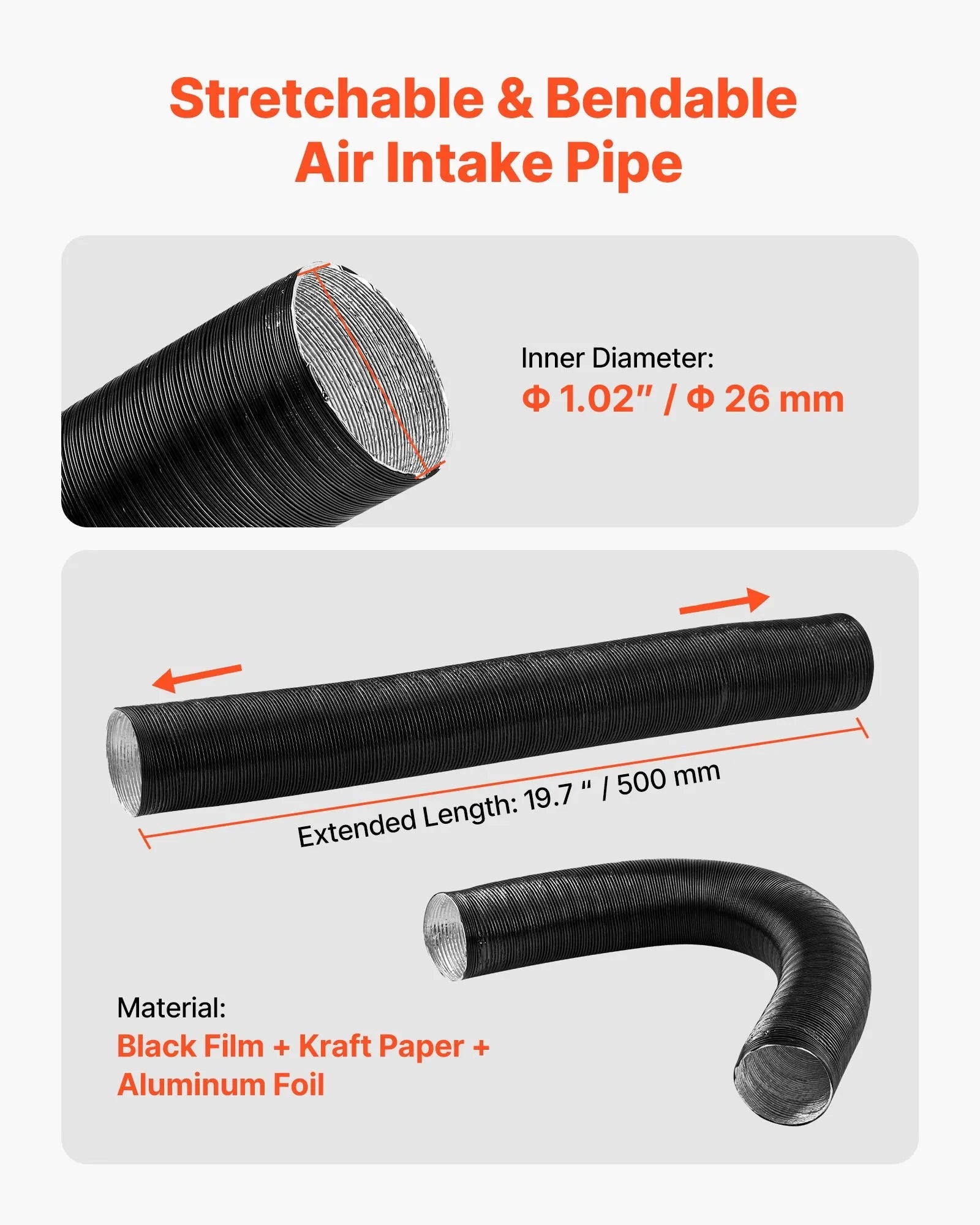 VEVOR Diesel Heater Intake Pipe Kit, 0.98 Inch Car Air Parking Heater Ducting Hose, Stretchable & Bendable Air Intake Filter Silencer for 2KW, 5KW, 8KW Diesel Heaters 