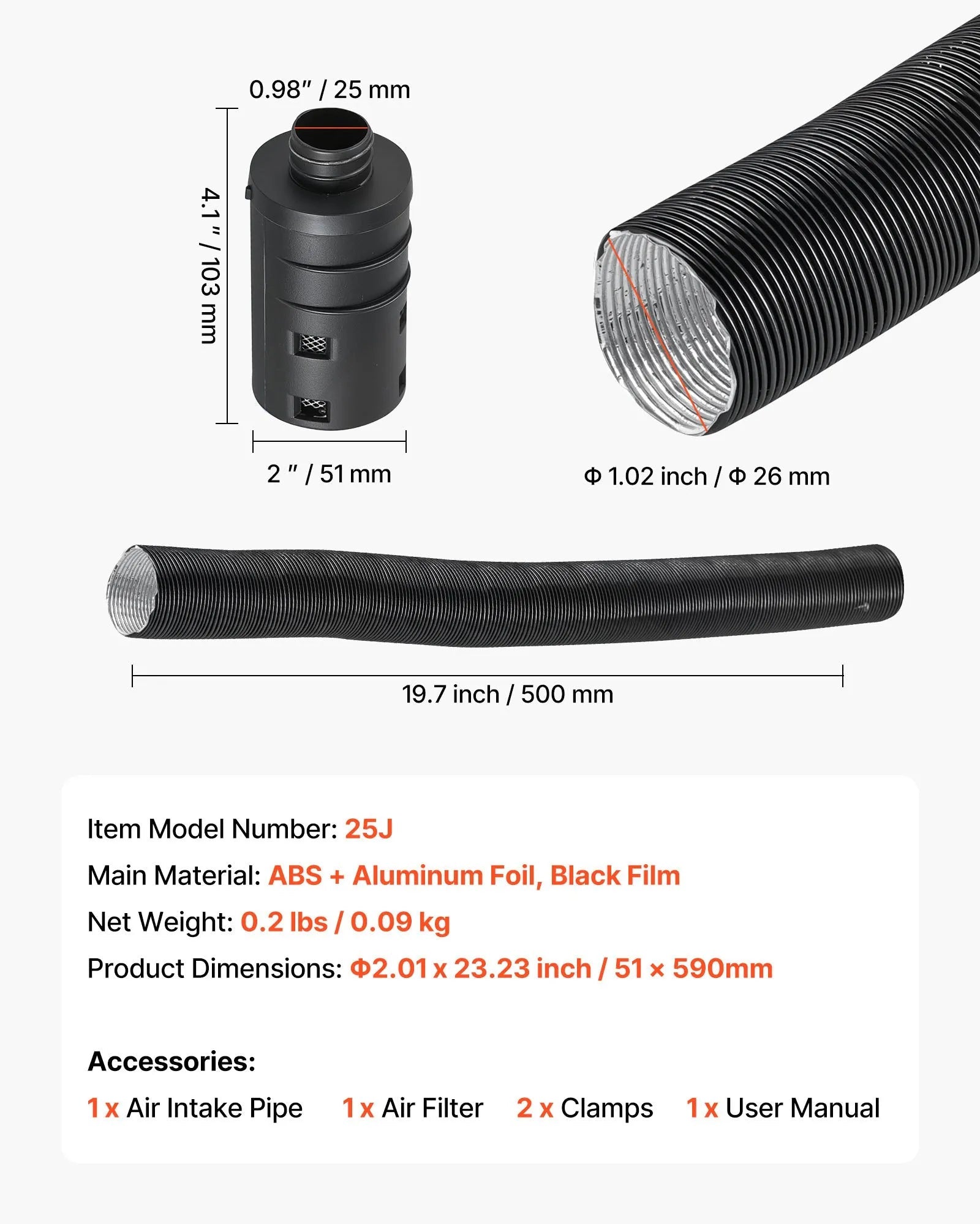 VEVOR Diesel Heater Intake Pipe Kit, 0.98 Inch Car Air Parking Heater Ducting Hose, Stretchable & Bendable Air Intake Filter Silencer for 2KW, 5KW, 8KW Diesel Heaters 