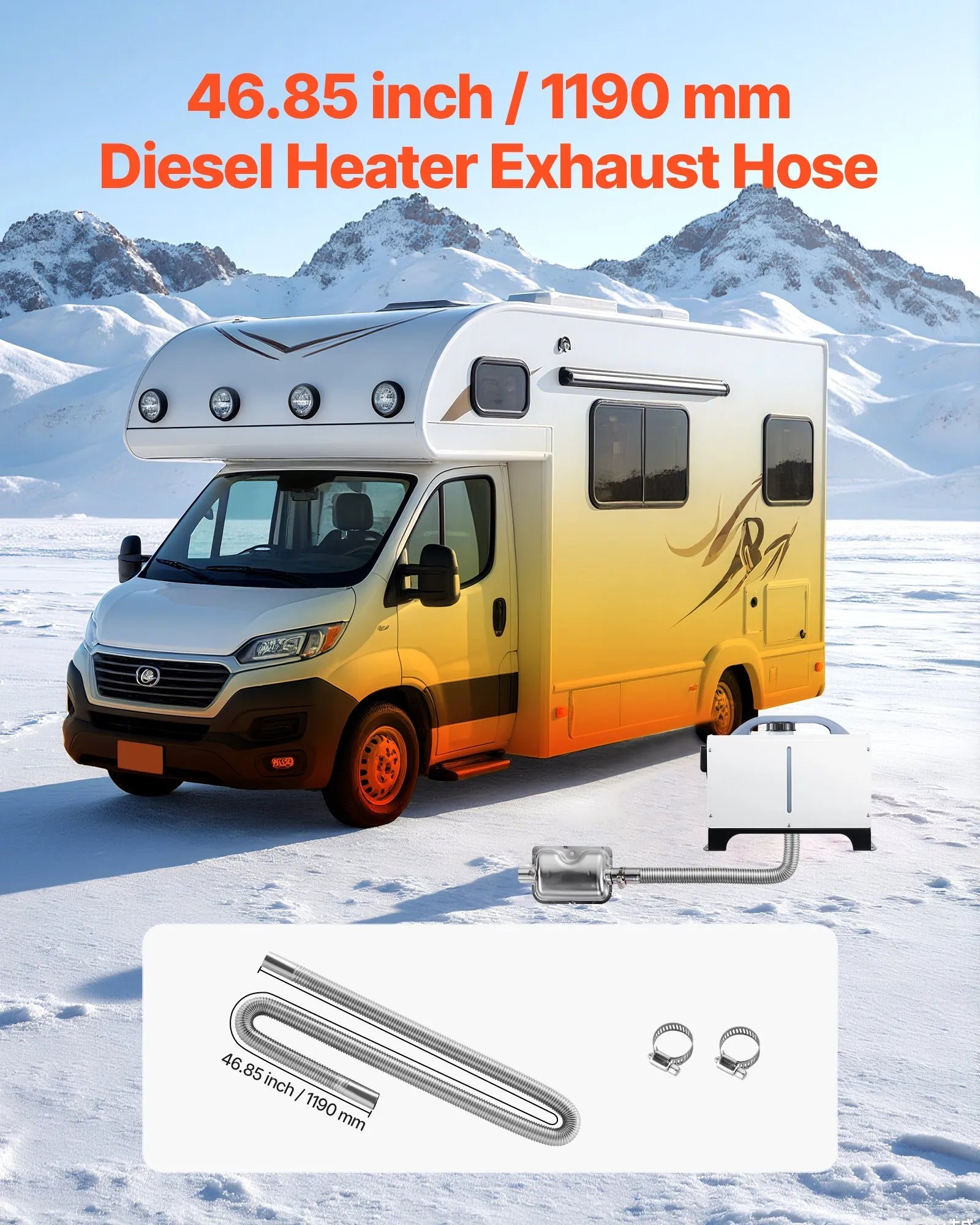 VEVOR Diesel Heater Exhaust Hose, 47.2 inch Stainless Steel Flexible Pipe with 2 Clamps for 2KW/5KW/8KW Diesel Heaters 