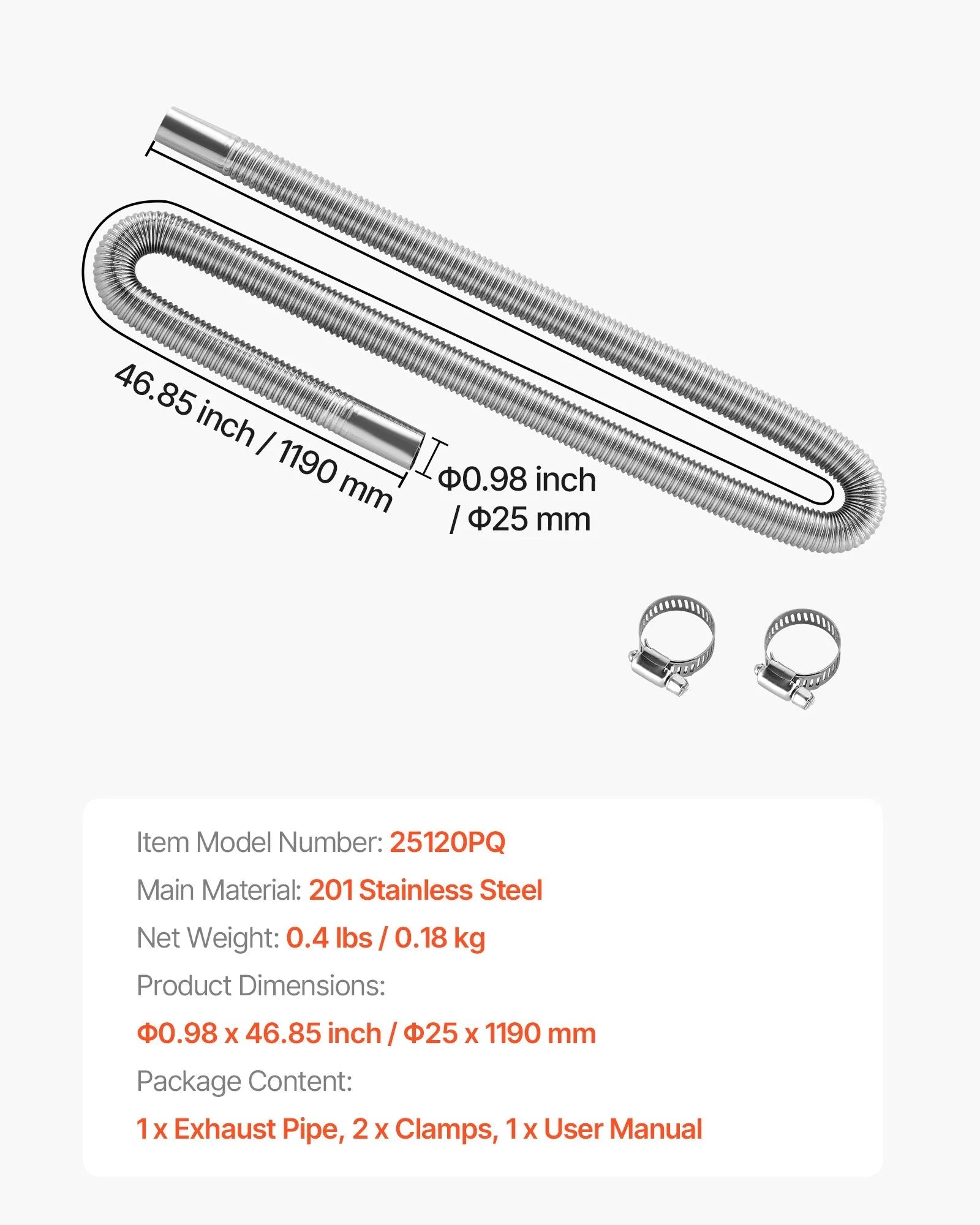 VEVOR Diesel Heater Exhaust Hose, 47.2 inch Stainless Steel Flexible Pipe with 2 Clamps for 2KW/5KW/8KW Diesel Heaters 