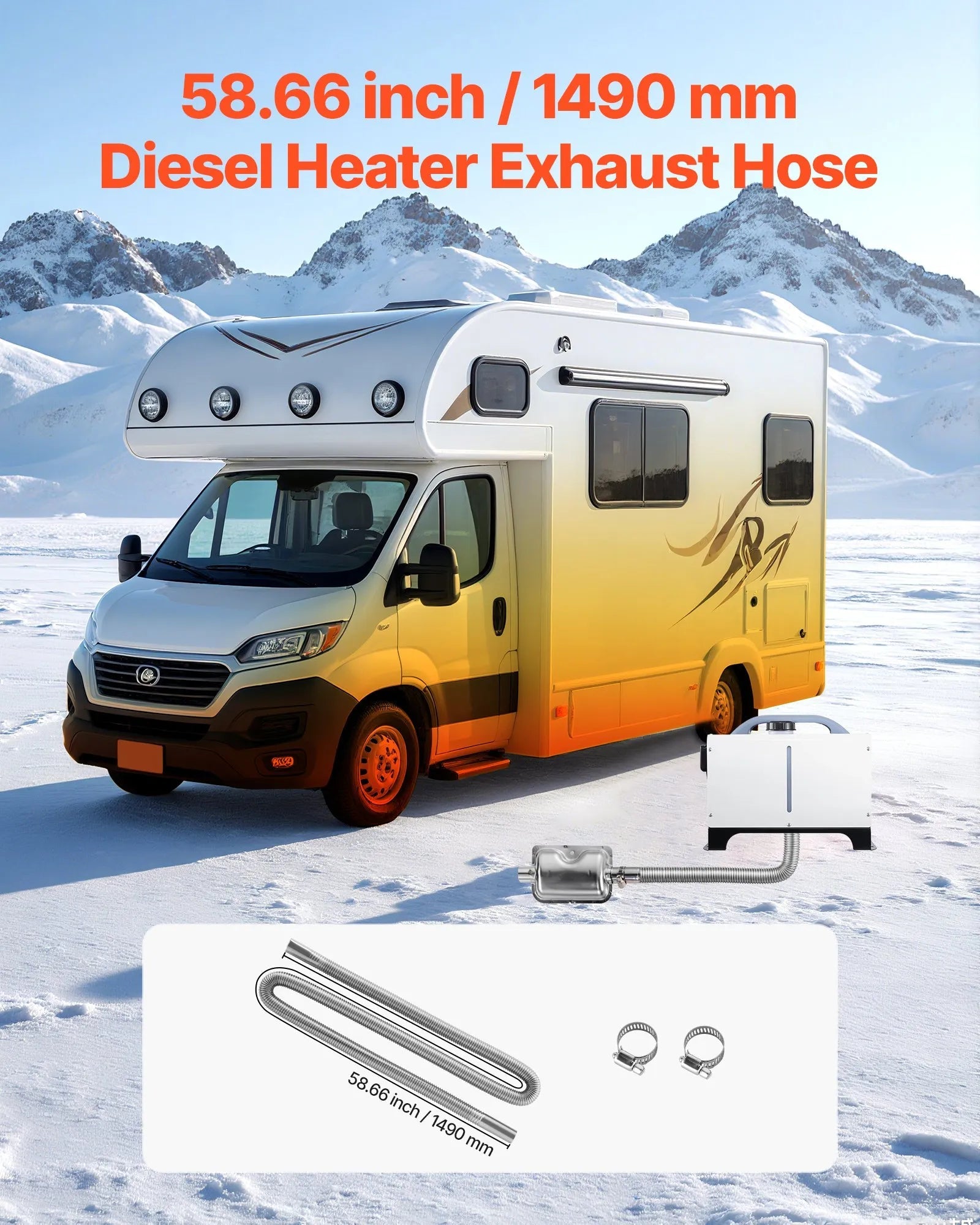 VEVOR Diesel Heater Exhaust Hose, 58.7 inch Stainless Steel Flexible Pipe with 2 Clamps for 2KW/5KW/8KW Diesel Heaters 
