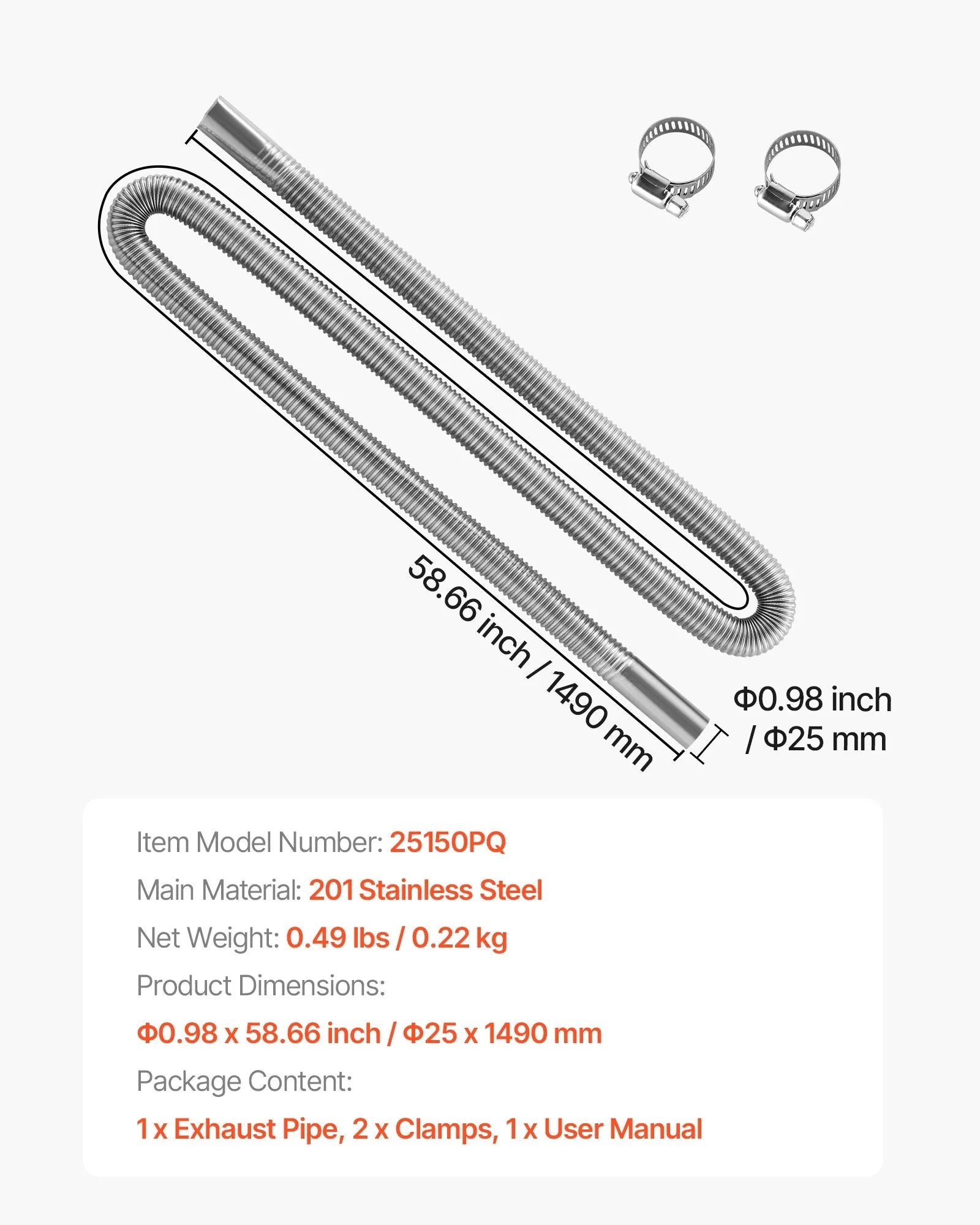 VEVOR Diesel Heater Exhaust Hose, 58.7 inch Stainless Steel Flexible Pipe with 2 Clamps for 2KW/5KW/8KW Diesel Heaters 