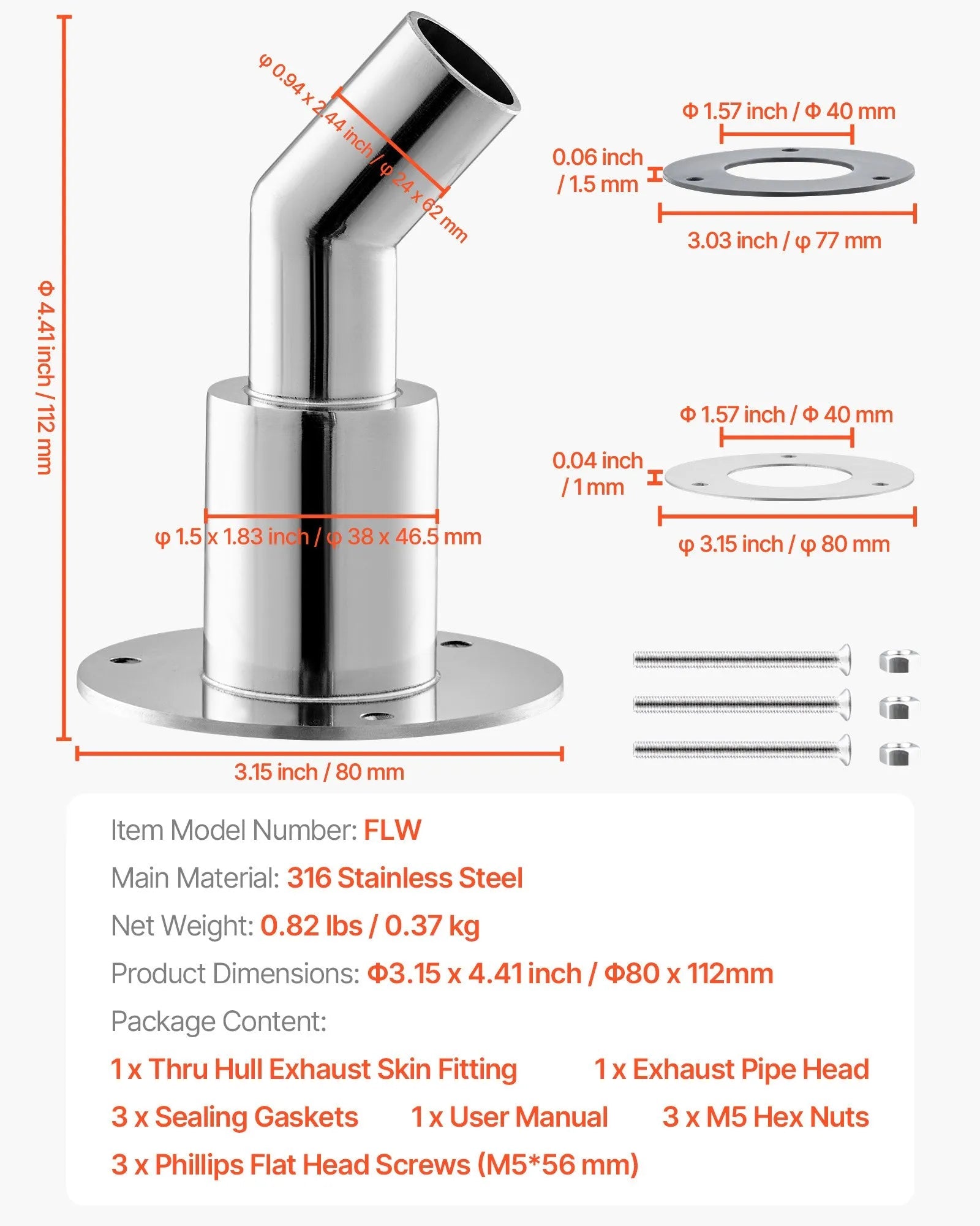 VEVOR Thru Hull Exhaust Skin Fitting – 0.94" Diesel Heater Exhaust Elbow Pipe Socket Replacement with Screws, Nuts & Gaskets, 316 Stainless Steel for 2KW, 5KW, and 8KW Diesel Heaters 