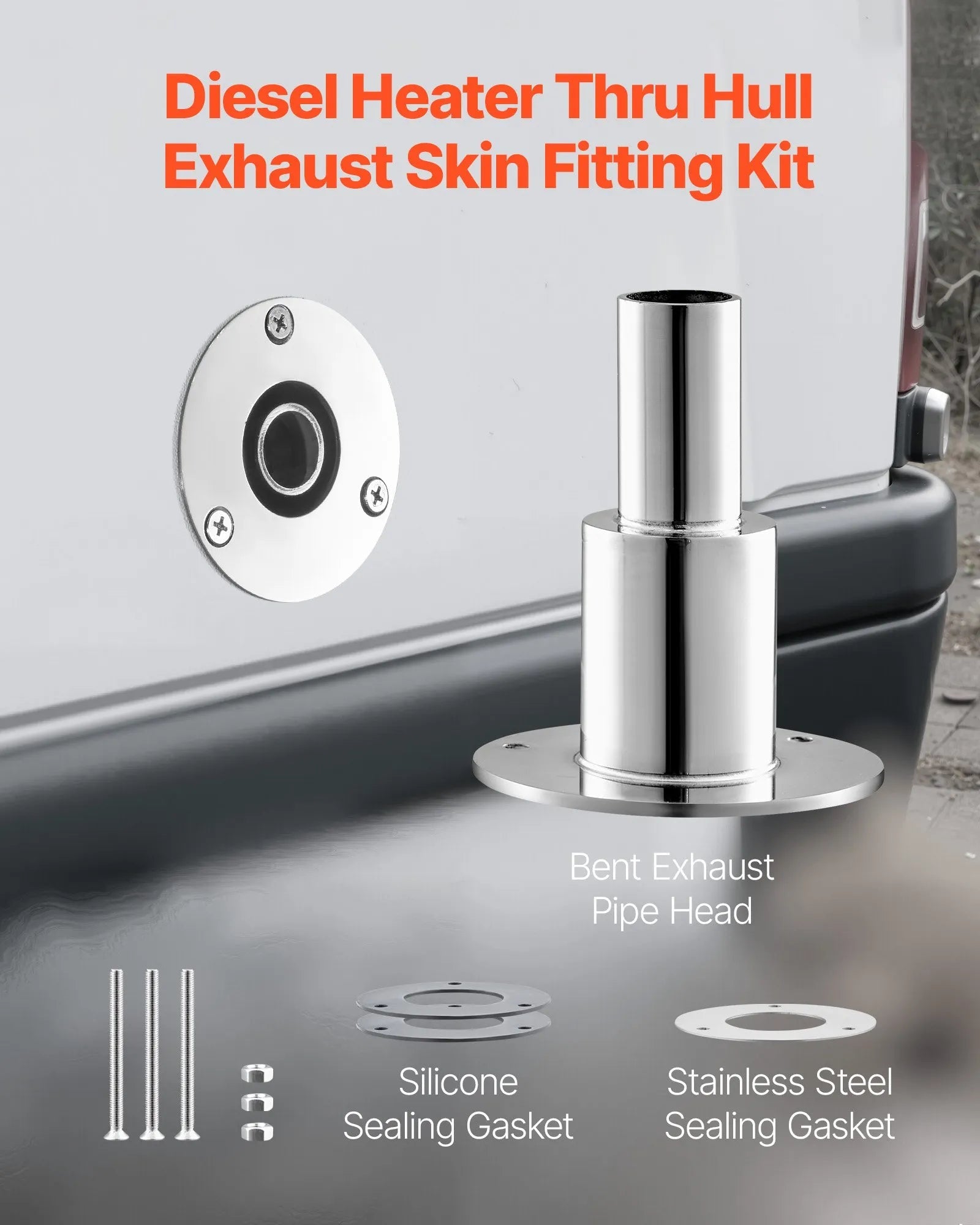 VEVOR Thru Hull Exhaust Skin Fitting – 0.94 Inch Straight Diesel Heater Exhaust Kit with Screws, Nuts & Gasket, 316 Stainless Steel 