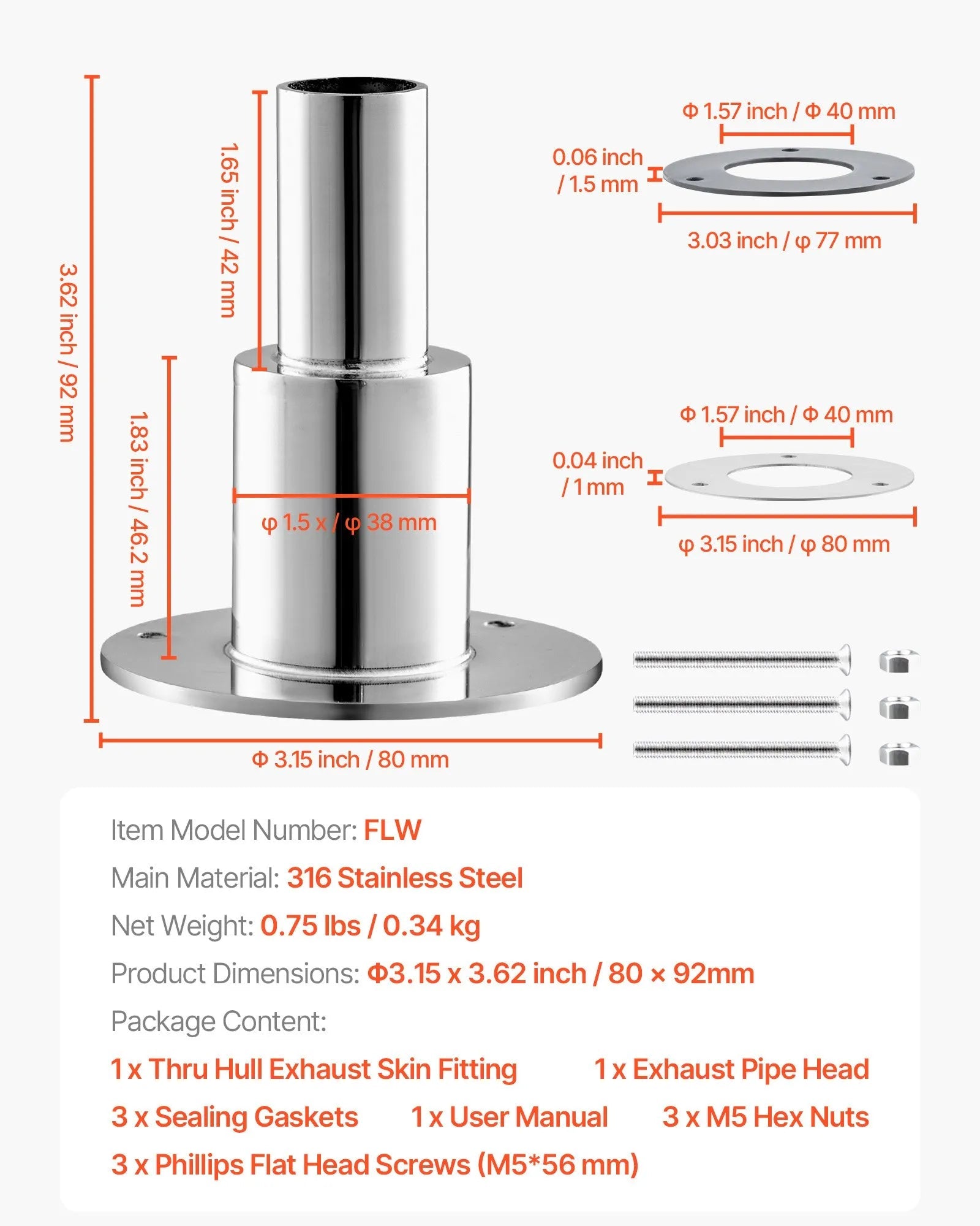 VEVOR Thru Hull Exhaust Skin Fitting – 0.94 Inch Straight Diesel Heater Exhaust Kit with Screws, Nuts & Gasket, 316 Stainless Steel 