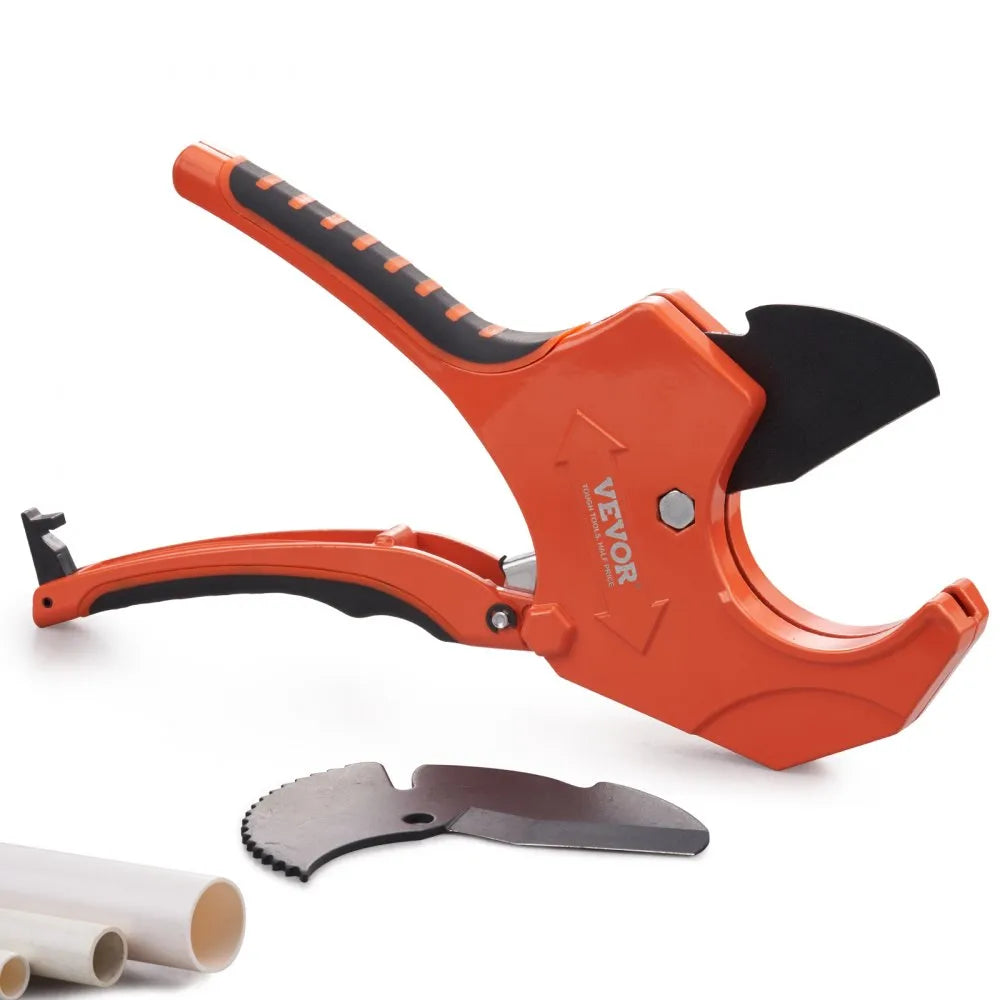 VEVOR PVC Pipe Cutter, 0-2-1/2" O.D. Ratcheting PVC Pipe Cutter, Heavy Duty Tube Cutting Tool with Spare SK5 Blade for PVC, CPVC, PP-R, PEX, PE, Rubber Hoses