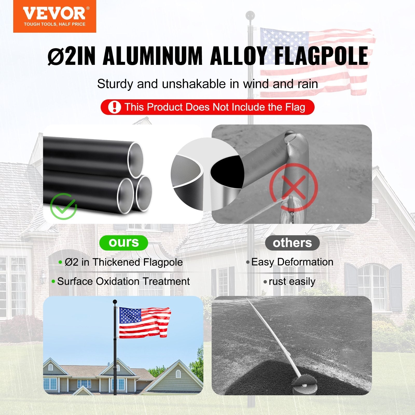 VEVOR 20FT Telescopic Flagpole Kit Heavy Duty Aluminum Flag Pole Black 