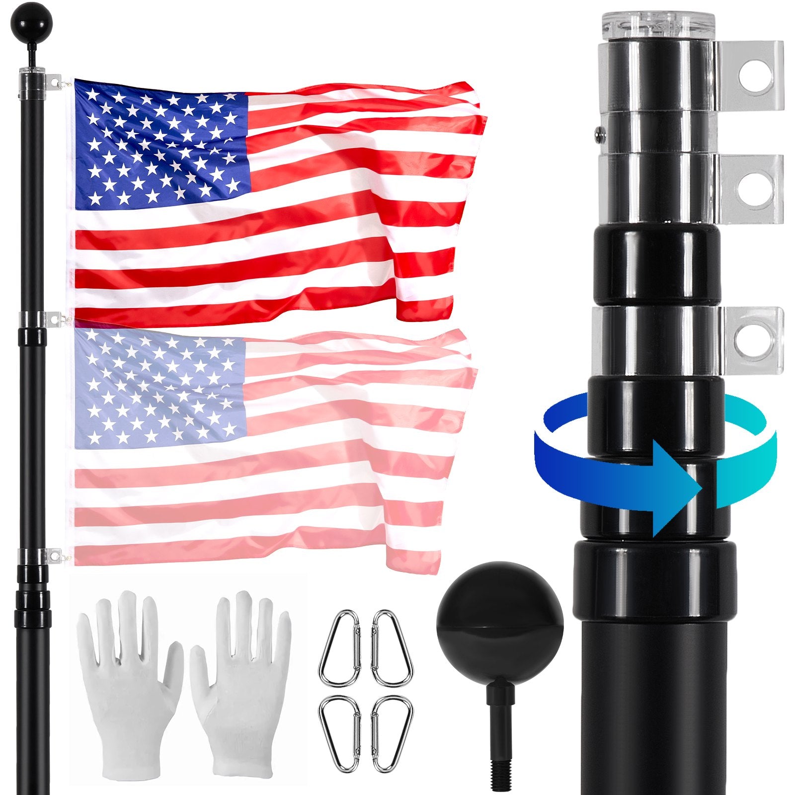 VEVOR 20FT Telescopic Flagpole Kit Heavy Duty Aluminum Flag Pole Black 
