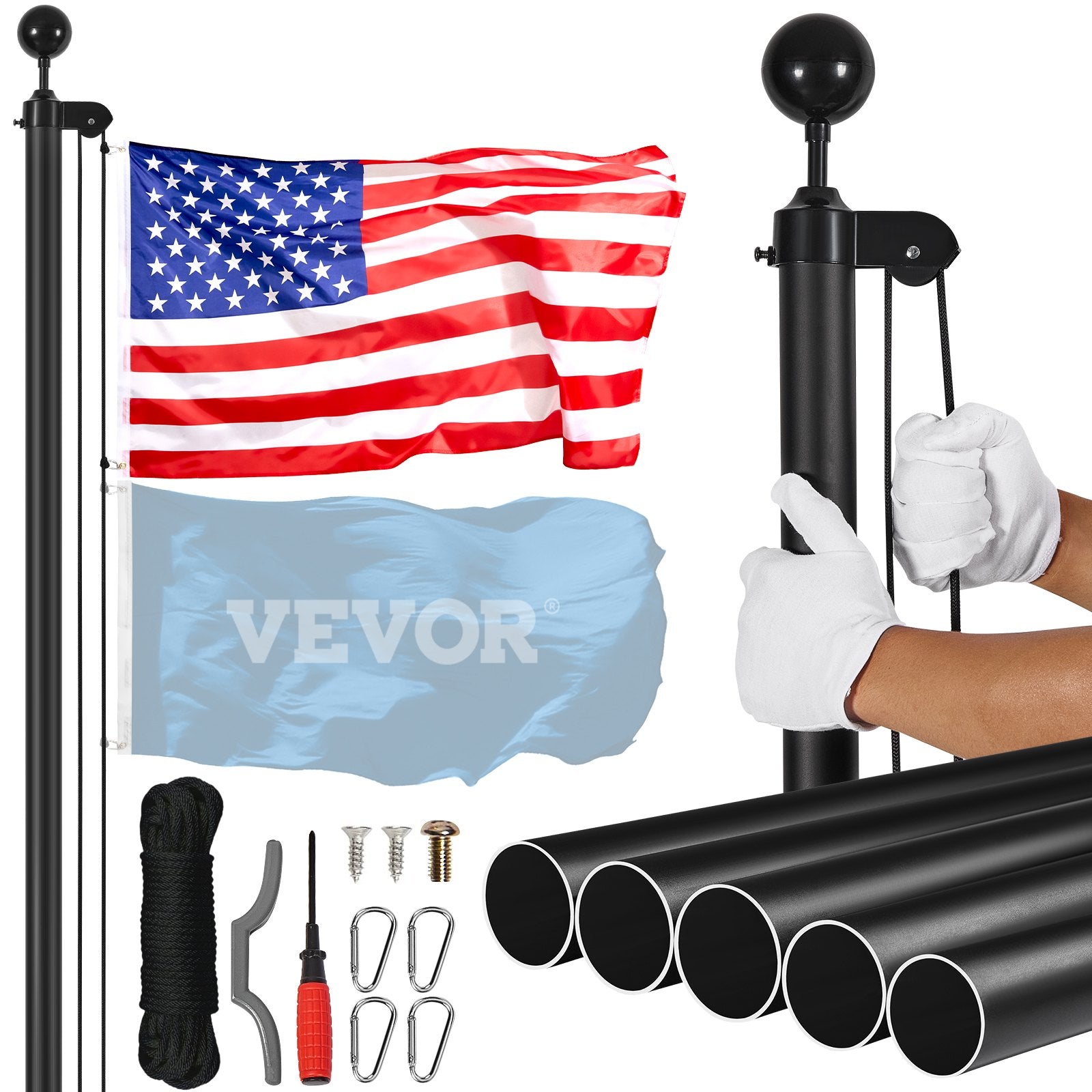 VEVOR 20FT Detachable Flagpole Kit Heavy Duty Aluminum Flag Pole Black 