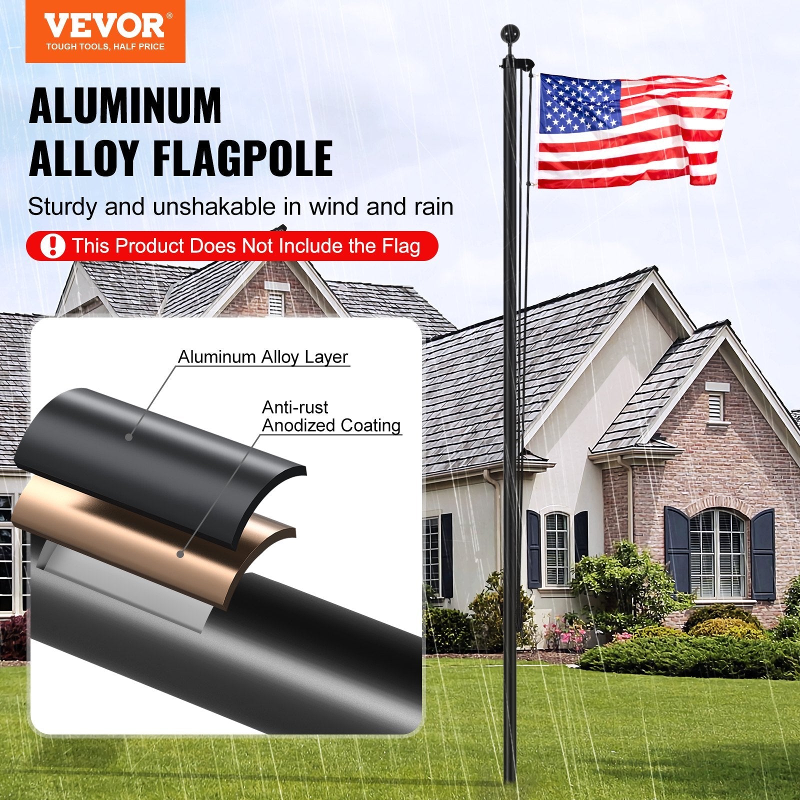 VEVOR 30FT Detachable Flagpole Kit Heavy Duty Aluminum Flag Pole Black 